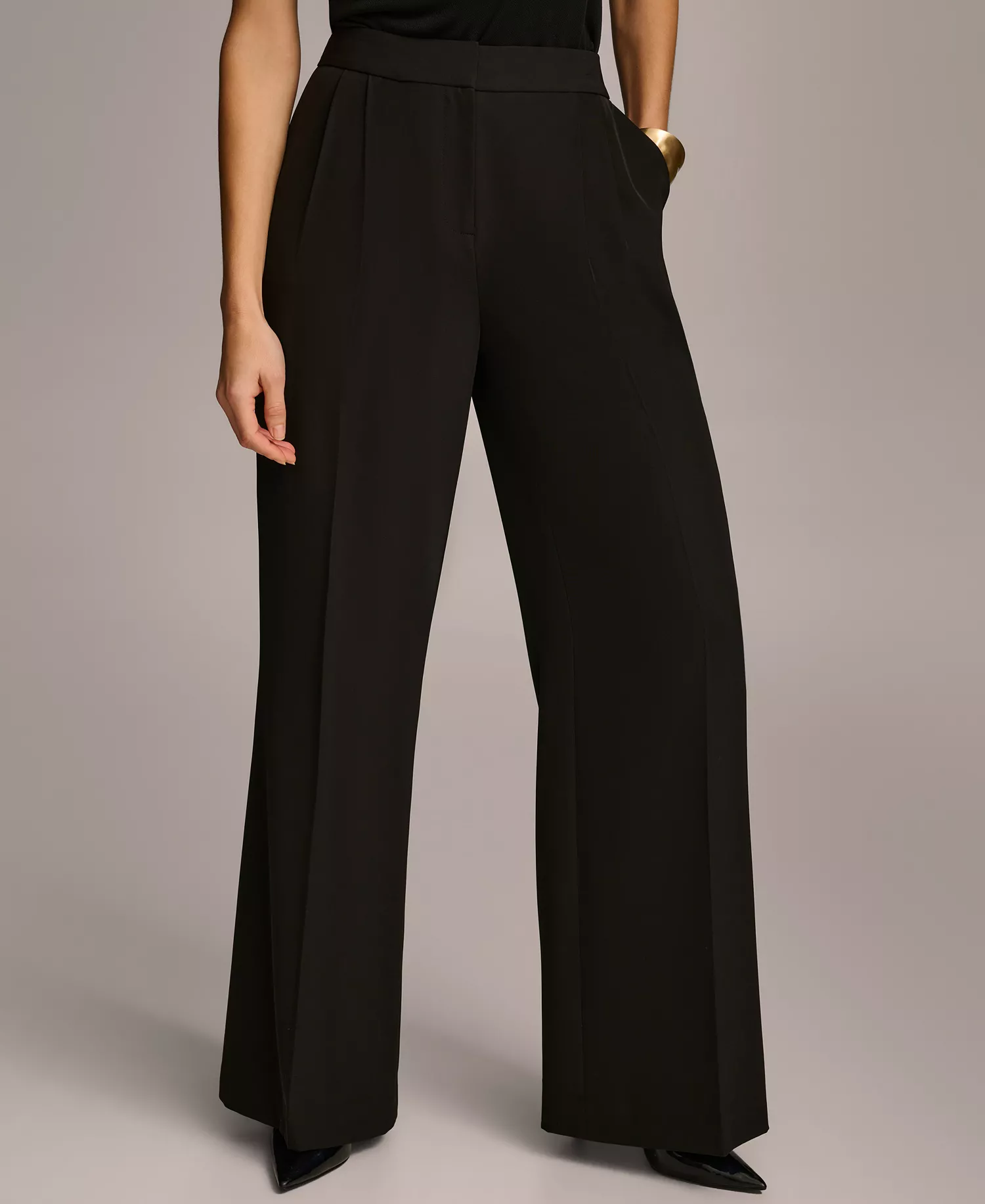 Women's Belted Blazer and Pleat Front Wide-Leg Pants - Black - 0