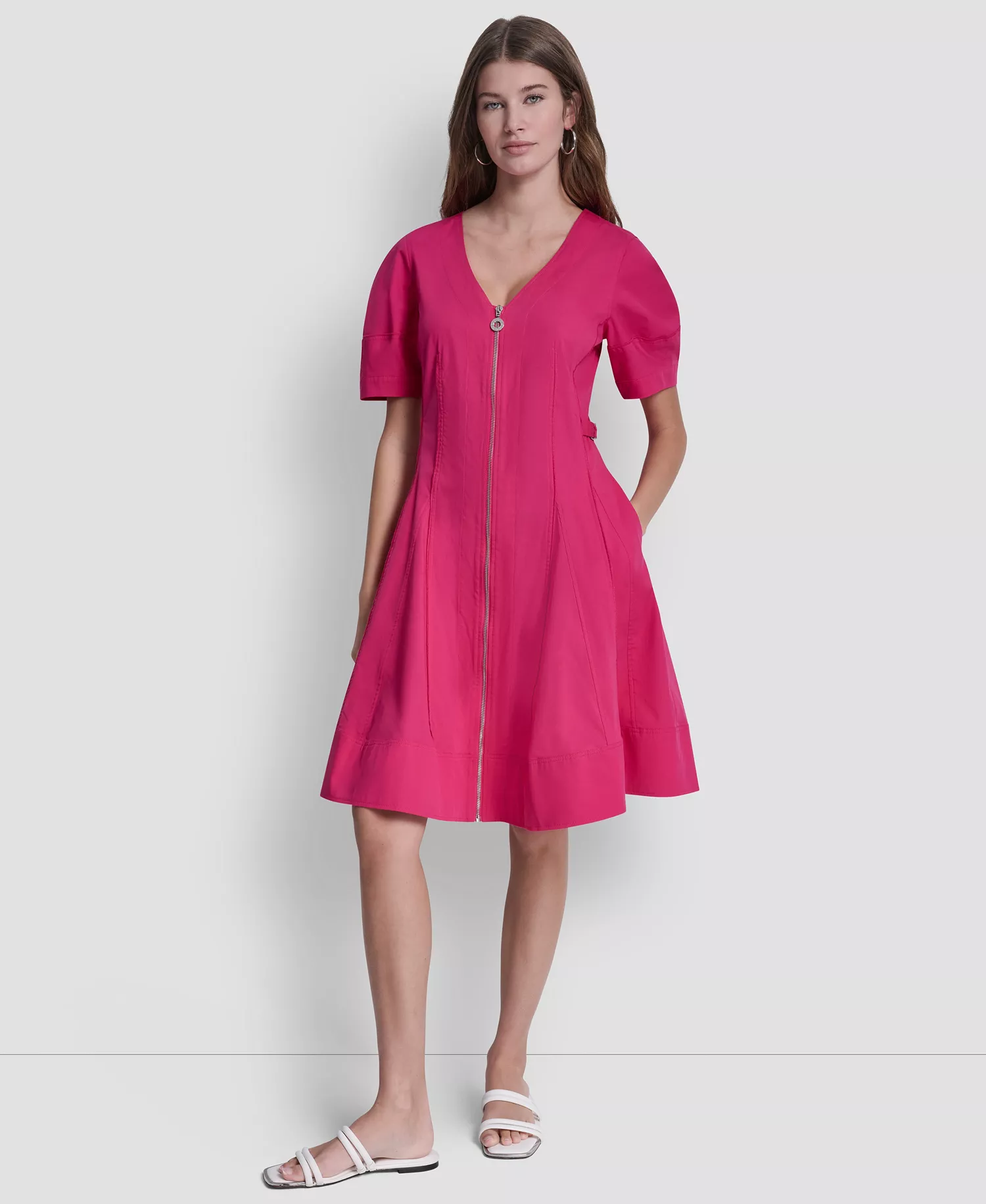 Women's Lantern Puff-Sleeve V-Neck Dress - Hot Pink - 0