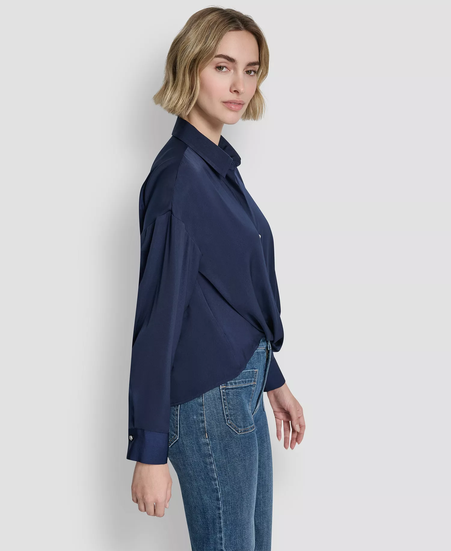 Women's Long-Sleeve Rhinestone Button Front Shirt With Twist Hem - Peacoat - L