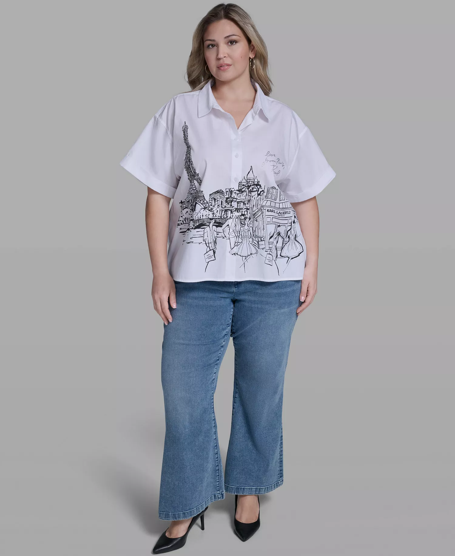 Plus Size Paris Scene Poplin Short-Sleeve Top - White - 0X