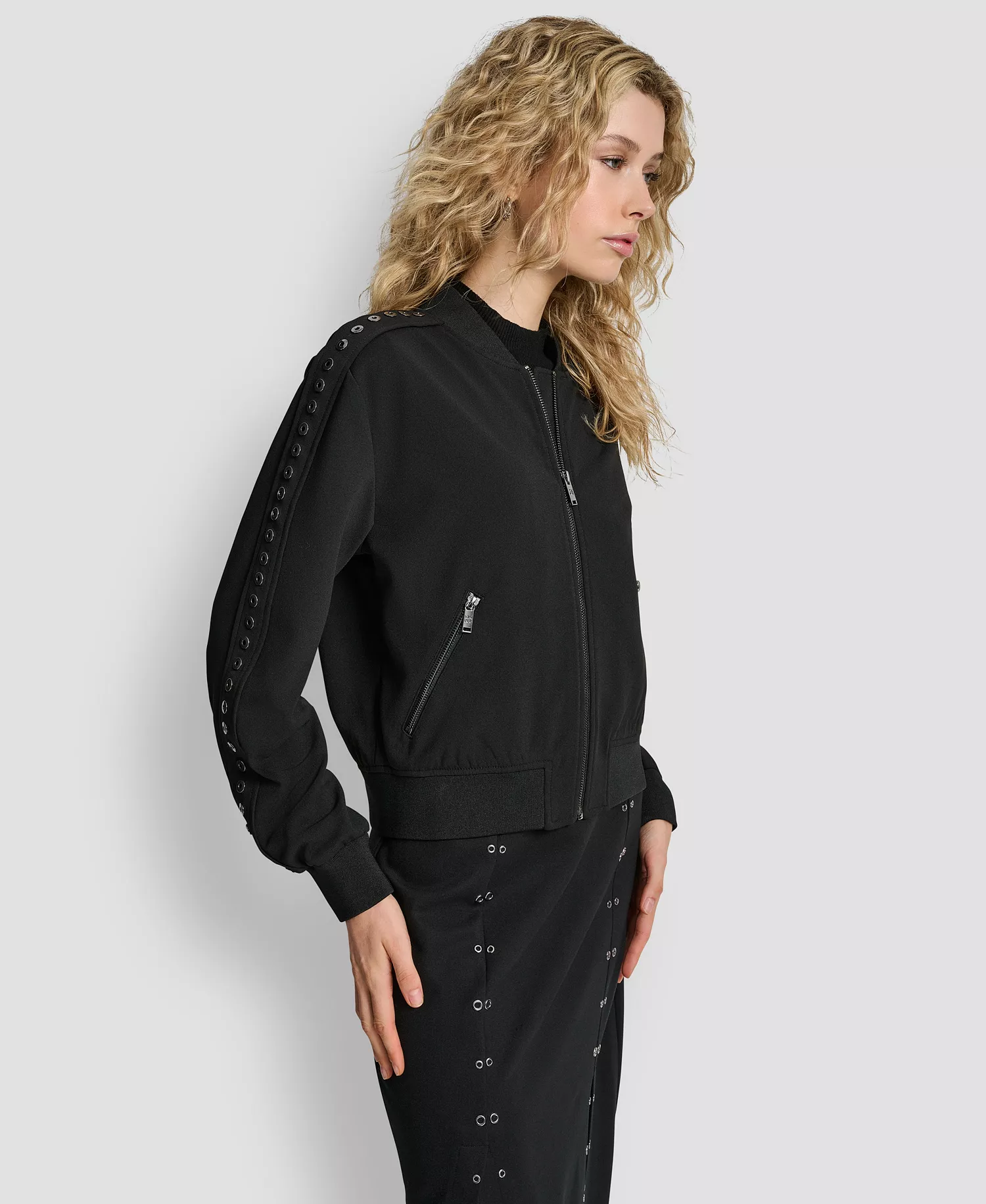 Women's Round Neck Double Weave Grommet Bomber Jacket - Black - M