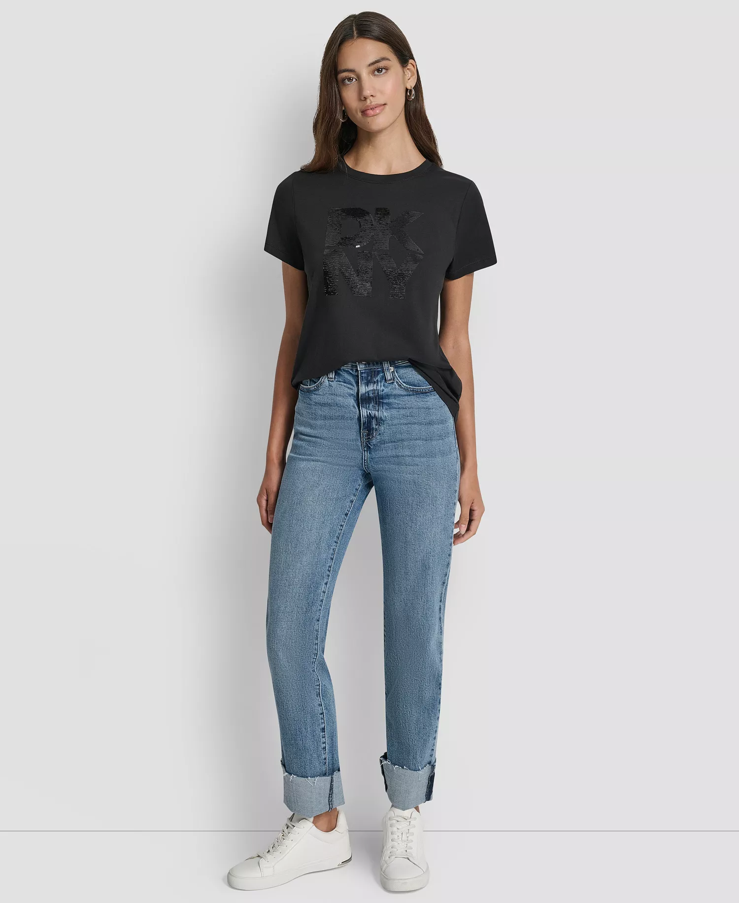 Women's Embellished Logo Detail Crew Neck T-Shirt - Black/Black - L