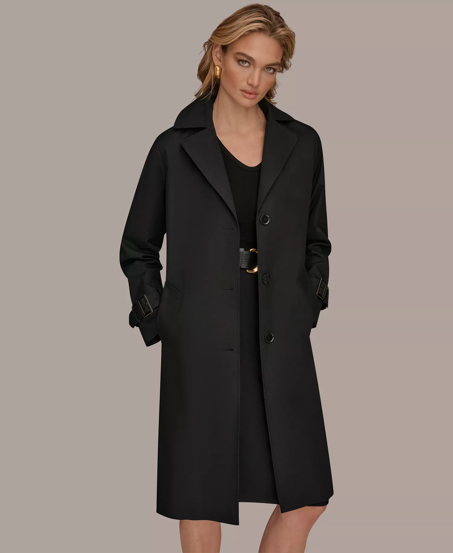 Women's Single Breasted Belted Trench Coat - Black - L