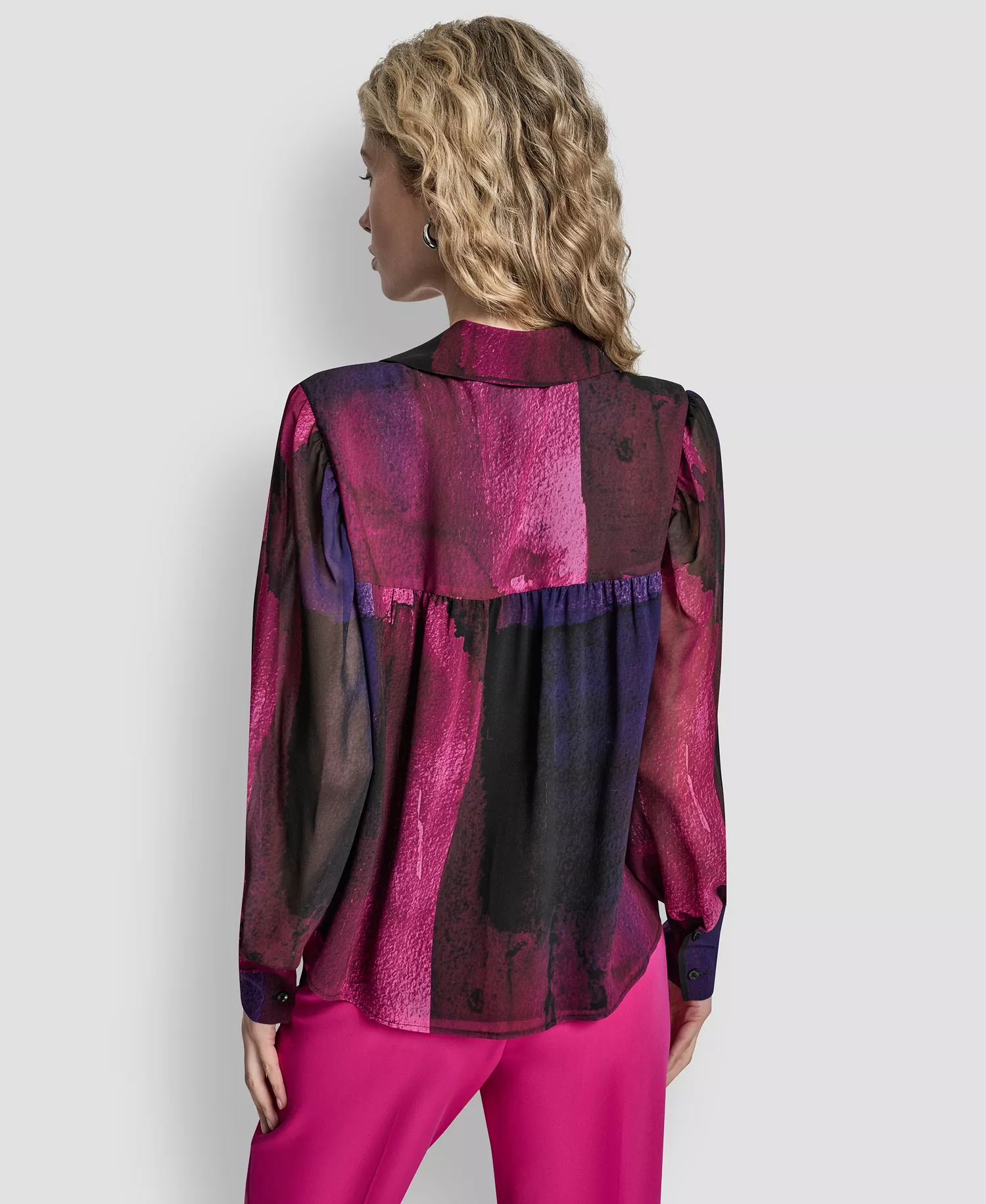 Women's Balloon Sleeve Collared Neck Top - Fuchsia/dk Violet Mlt - S