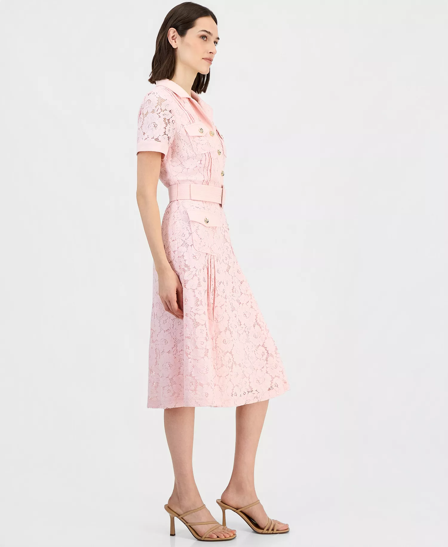 Women's Belted Short-Sleeve Lace Midi Shirt Dress  - Tea Rose - 10