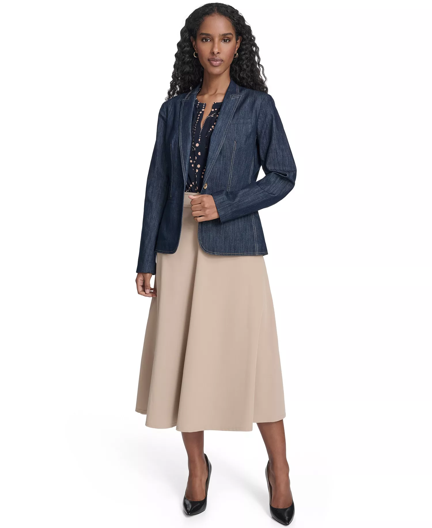 Women's One Button Denim Blazer - Navy - 0