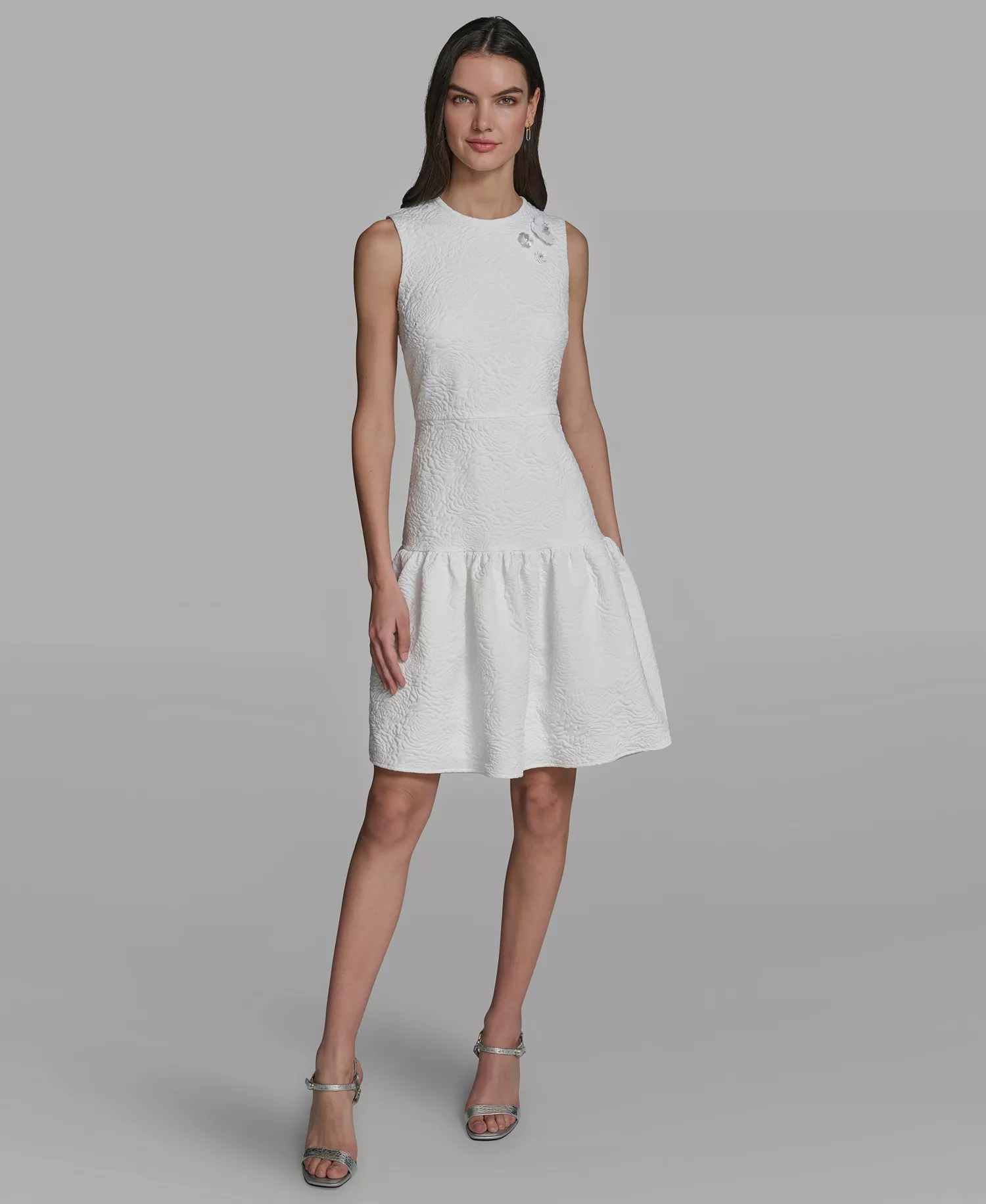 Women's Crew Neck Jacquard Ruffle Hem Dress - Soft White - 0