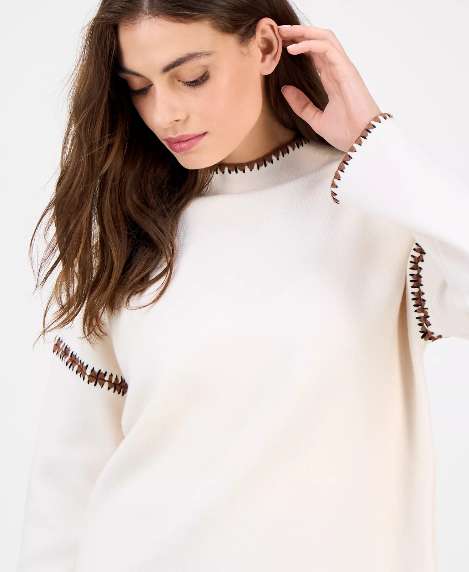 Women's Mock-Neck Embroidered-Stitch Sweater - Cream - M