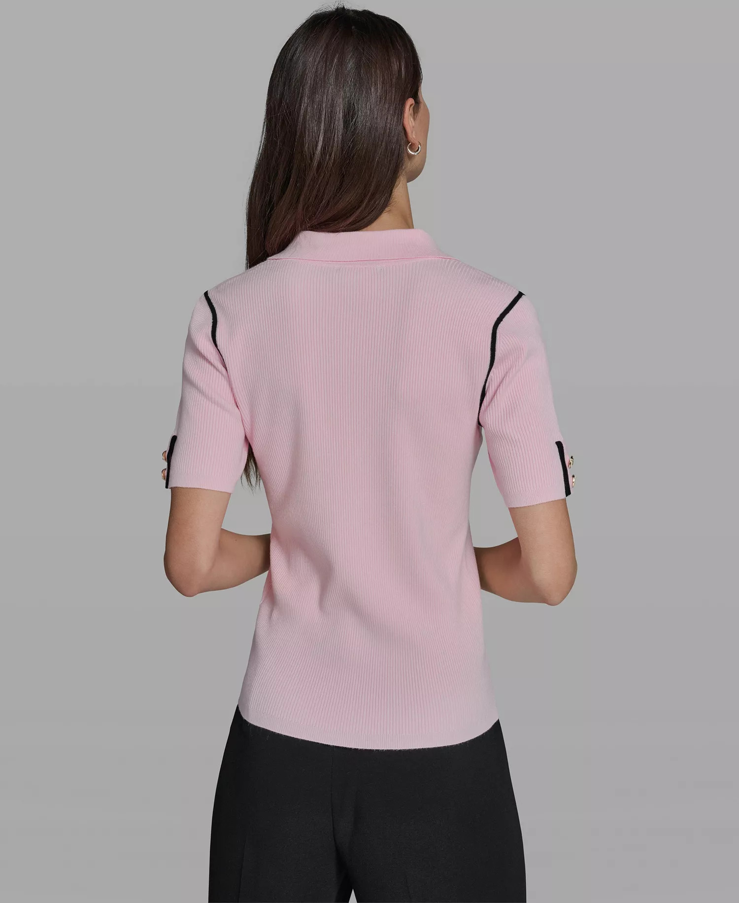 Women's Short-Sleeve Johnny Collar Sweater - Ballet Slipper/black - L
