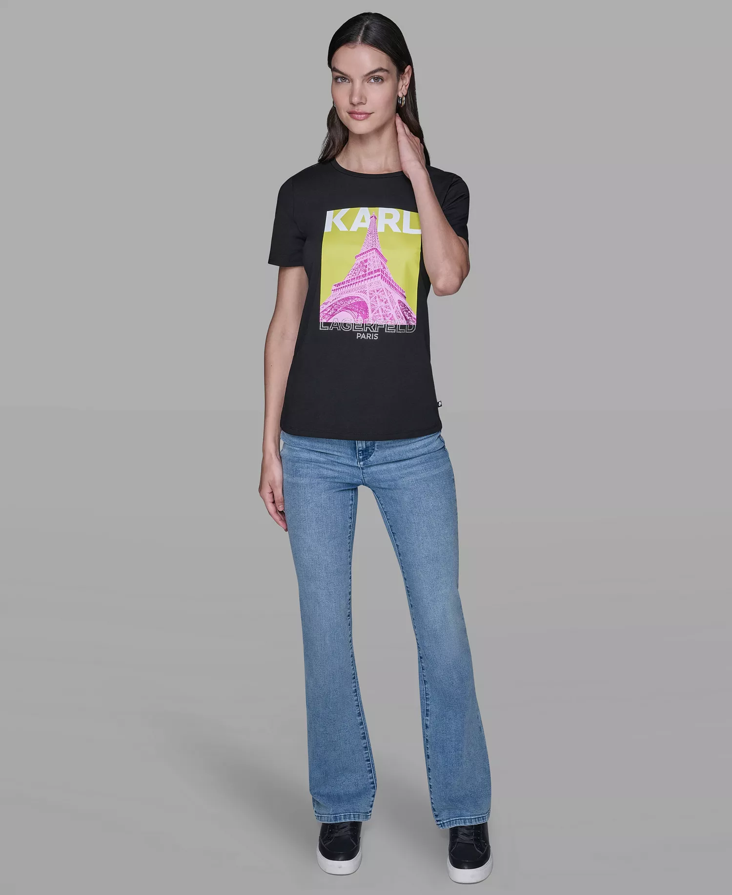 Women's Eiffel Tower Printed Short-Sleeve T-Shirt - Black/Pink - L