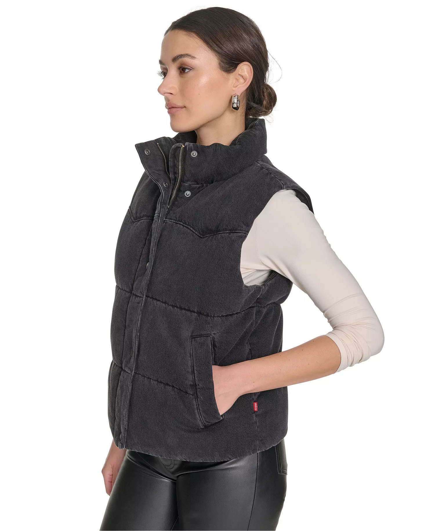 Women's Regular Western Stand Collar Puffer Vest Jacket - Black Wash Denim - L
