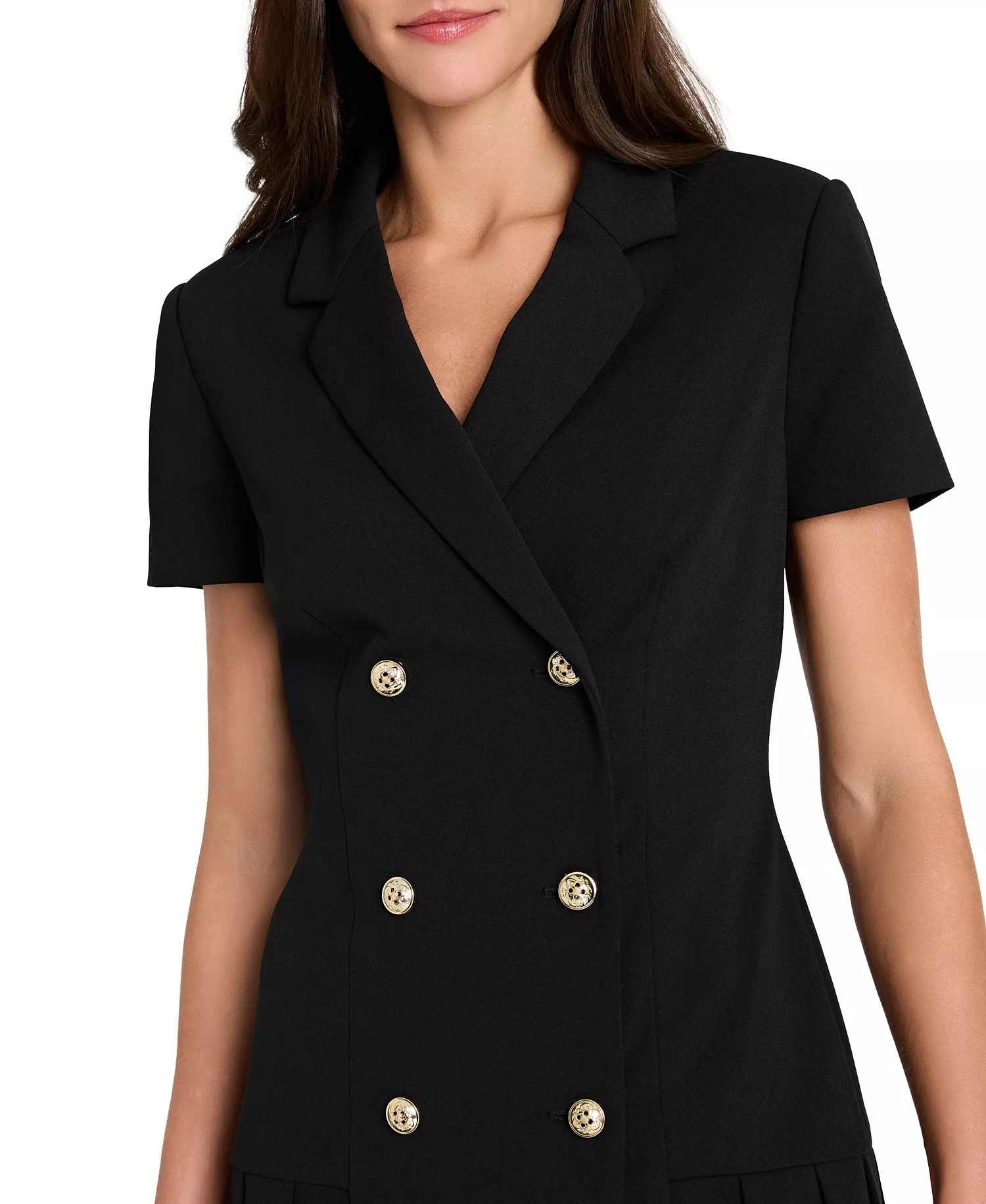 Women's Double Breasted Pleat Hem Short-Sleeve Coat Dress - Black - 10