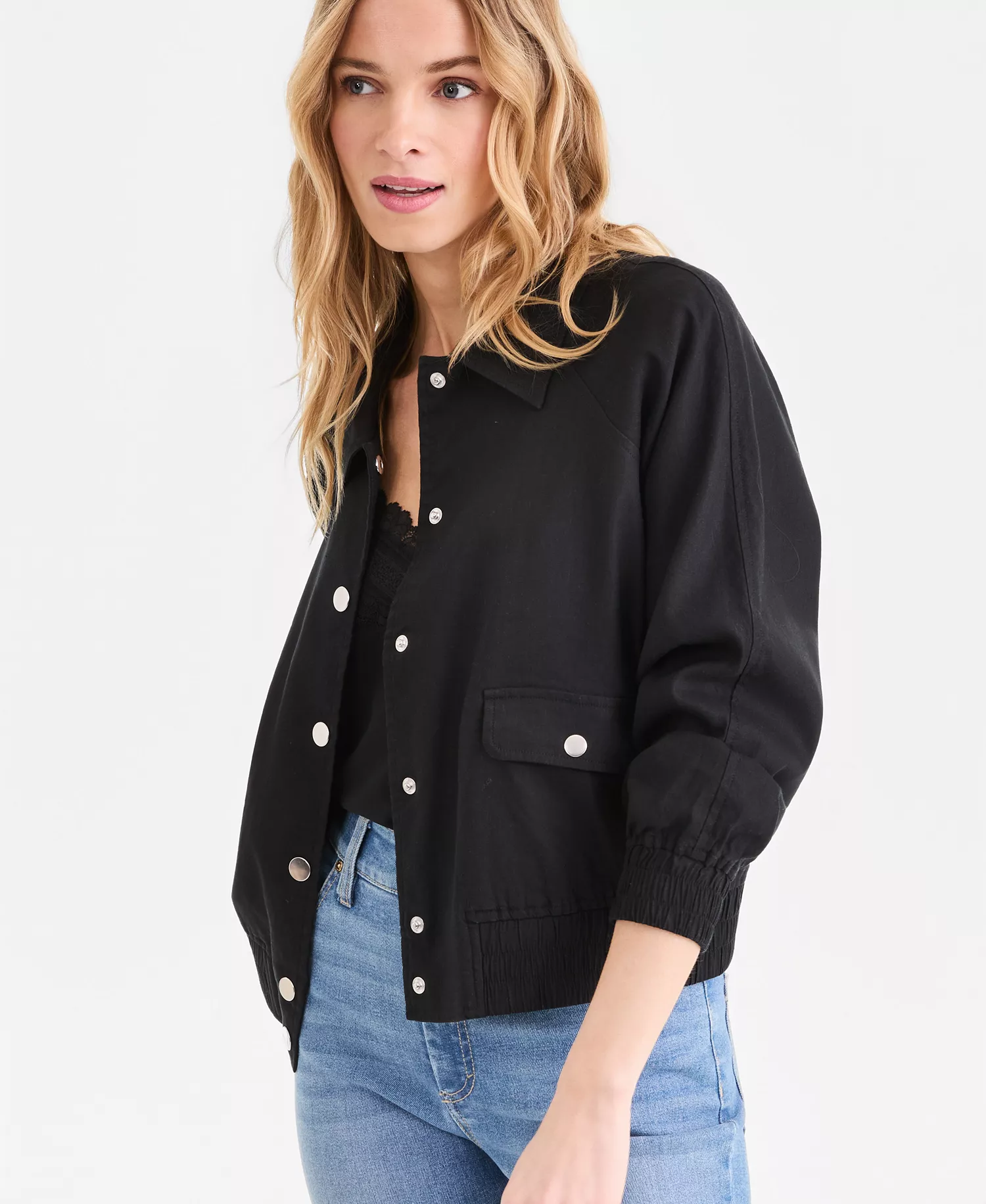 Women's Linen-Blend Bomber Jacket, Macy's Exclusive - Deep Black - L