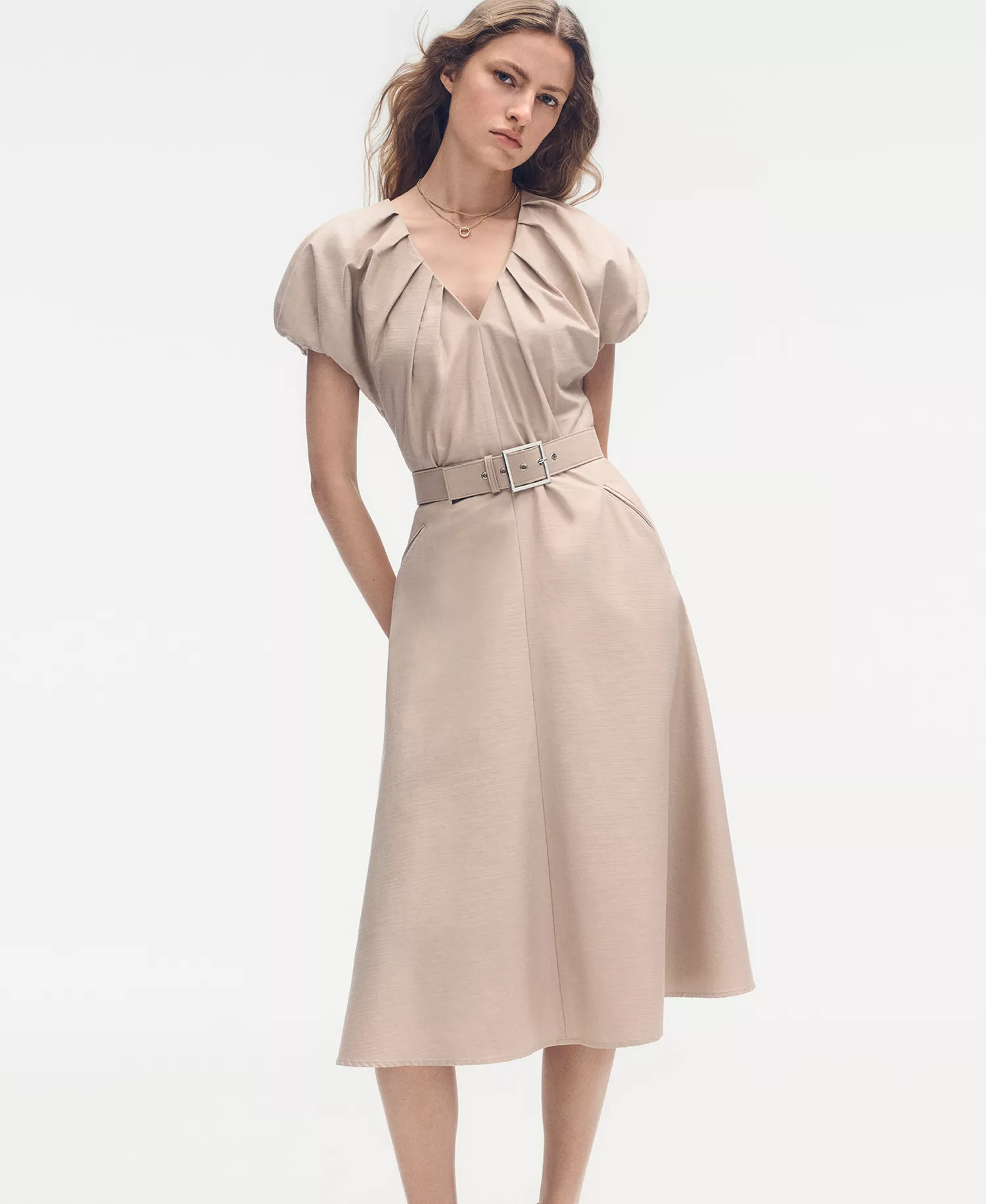 Women's V-Neck Belted Midi Dress - Moonlight - 10