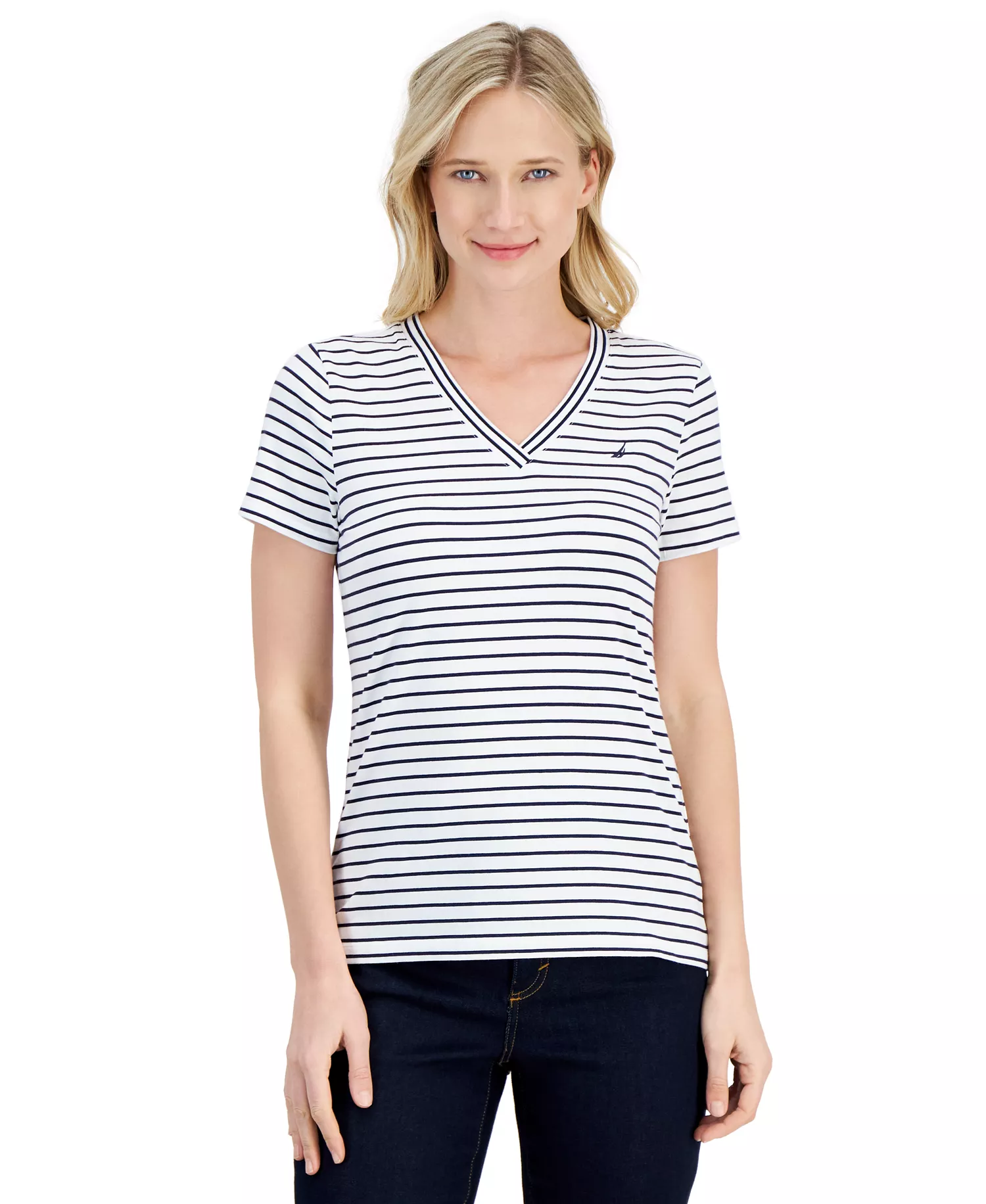 Jeans Women's Striped V-Neck Top - White - L