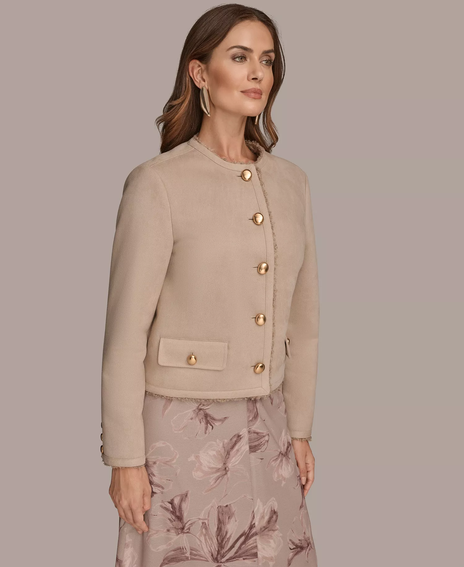 Women's Crewneck Button-Front Boxy Coat - Tan/Beige - L