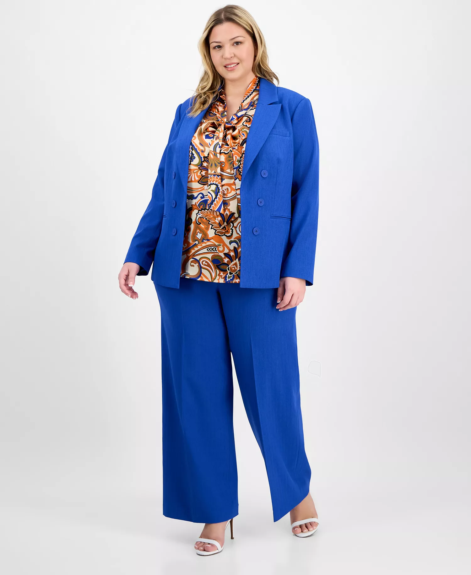 Plus Size Faux Double-Breasted Boyfriend Blazer  - New Royal - 14W