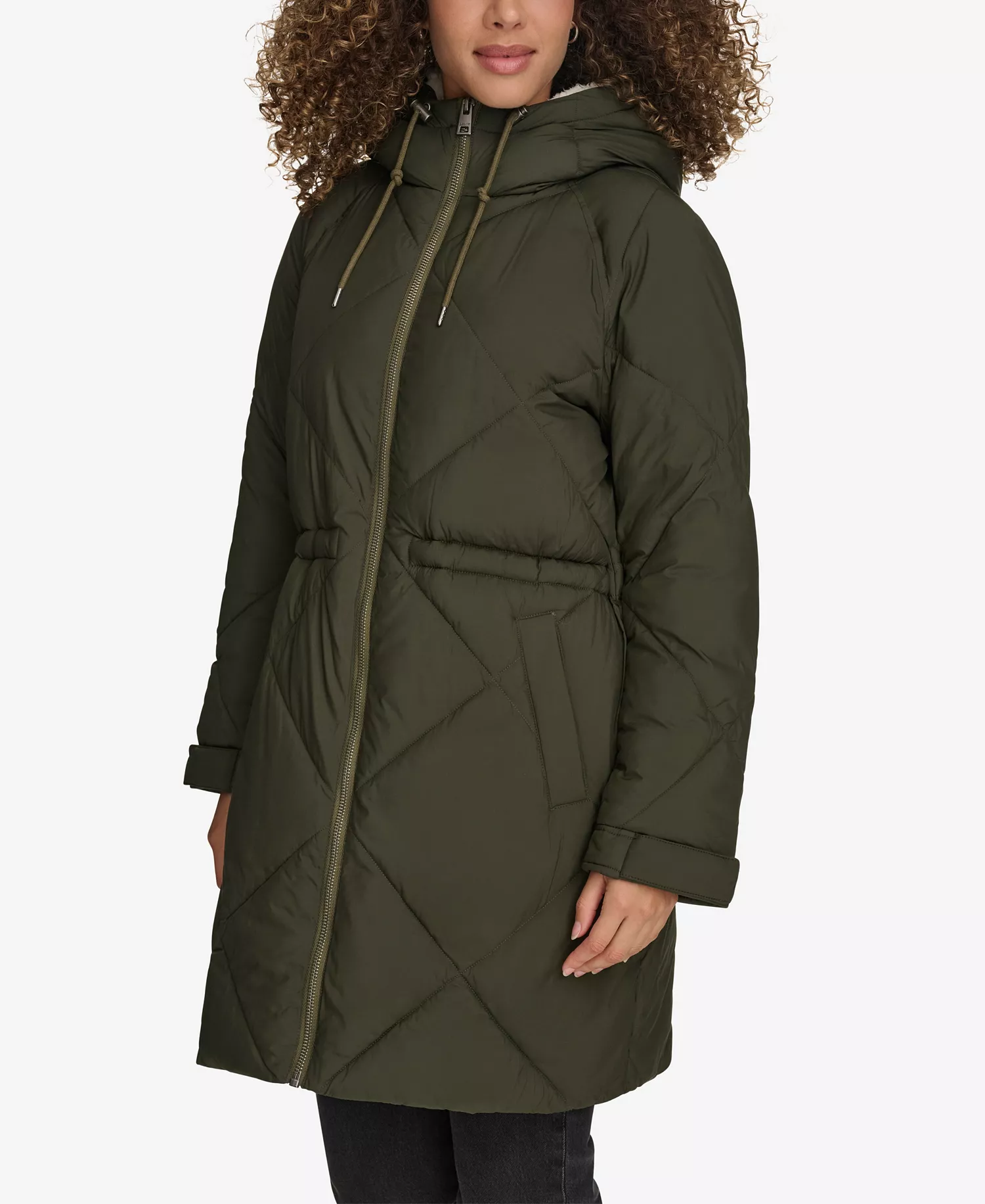 Women's Diamond Quilted Cinch Waist Parka Jacket - Army Green - L
