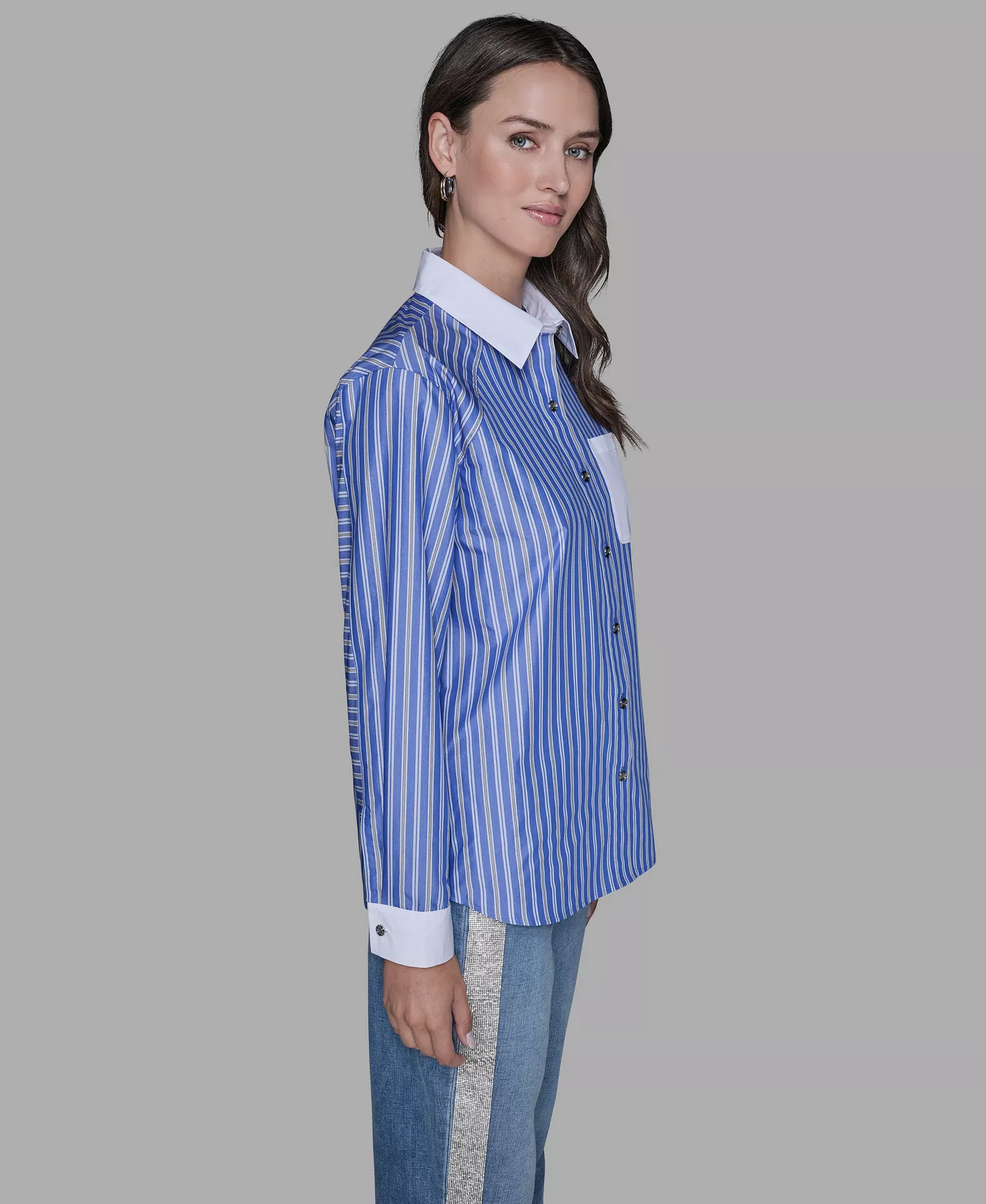 Women's Stripe Contrast Front Button Collar Blouse - French Blue Combo - L