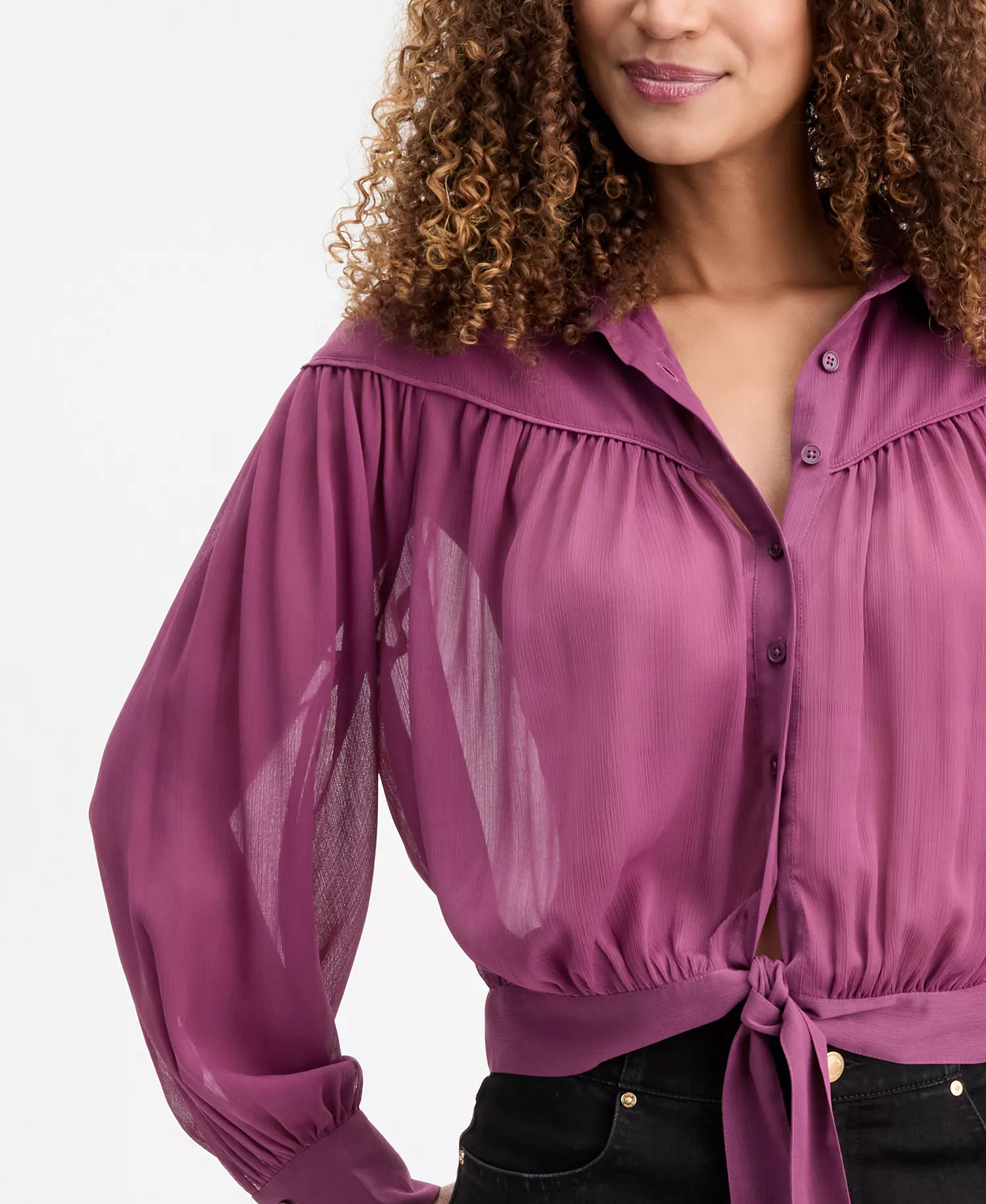 Women's Crinkle Chiffon Tie-Hem Blouse, Macy's Exclusive - Amaranth - L