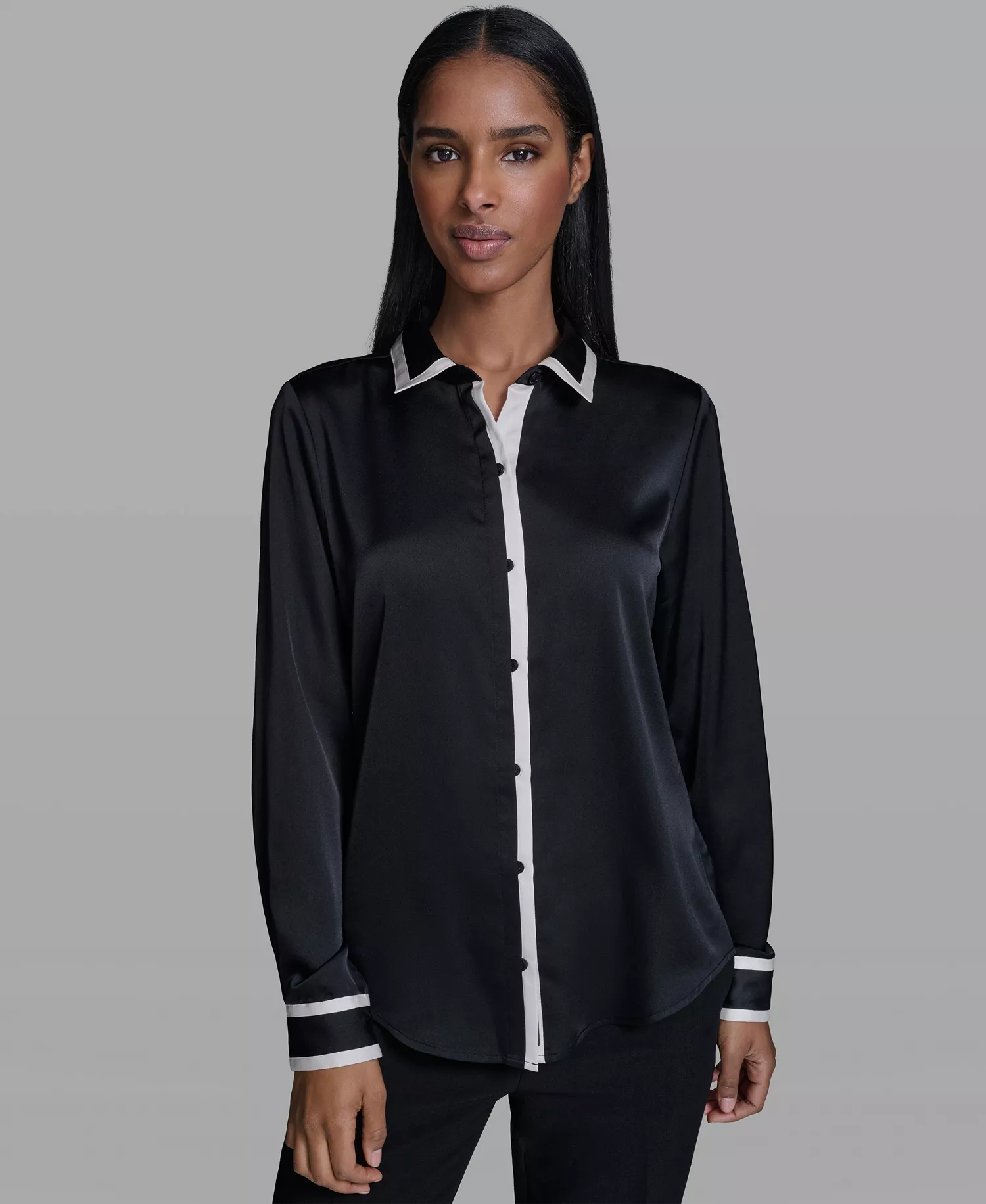 Women's Collared Long-Sleeve Top - Black/Bisque - L