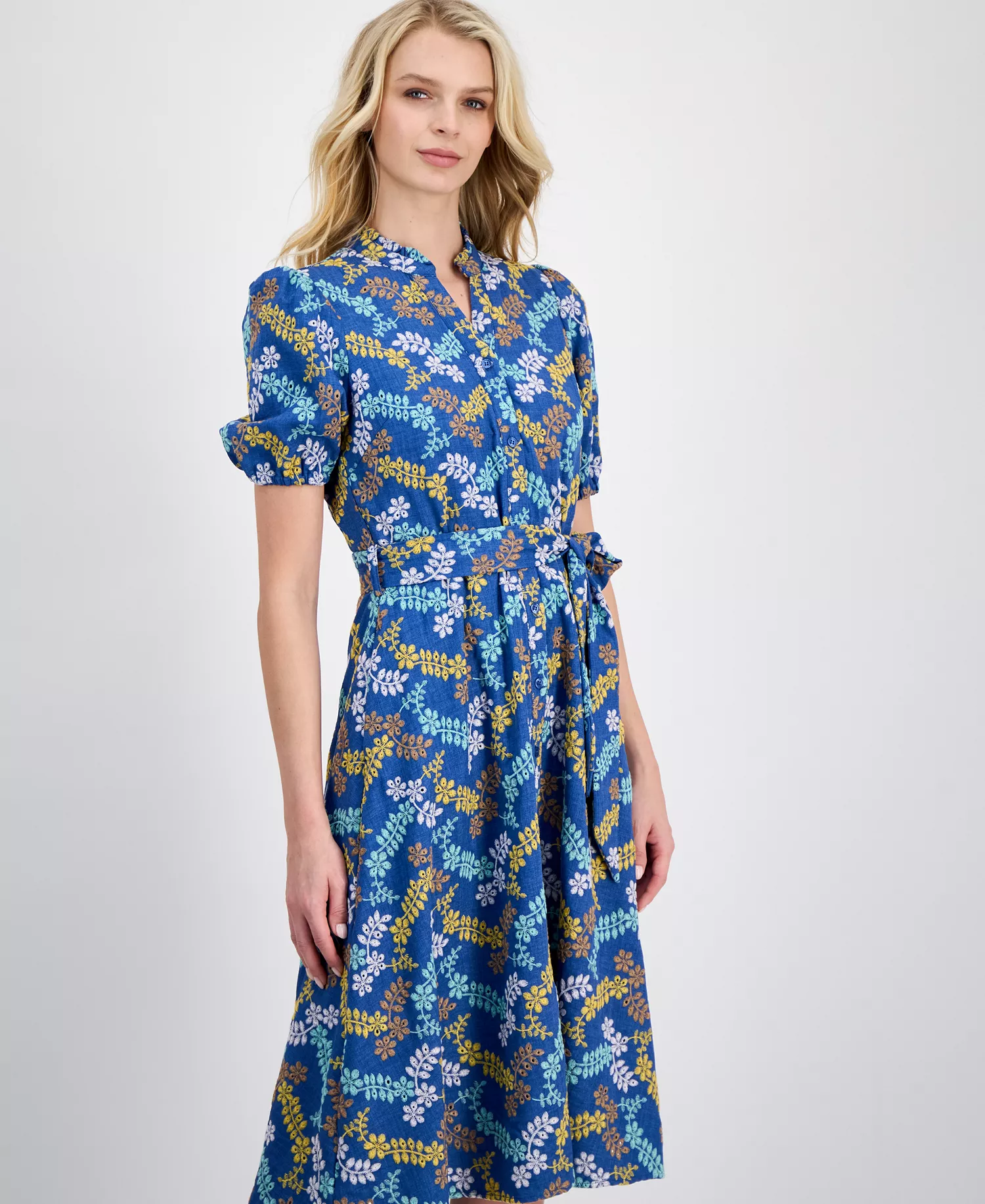 Women's Embroidered Tie-Waist Midi Dress - Denim Multi - 10