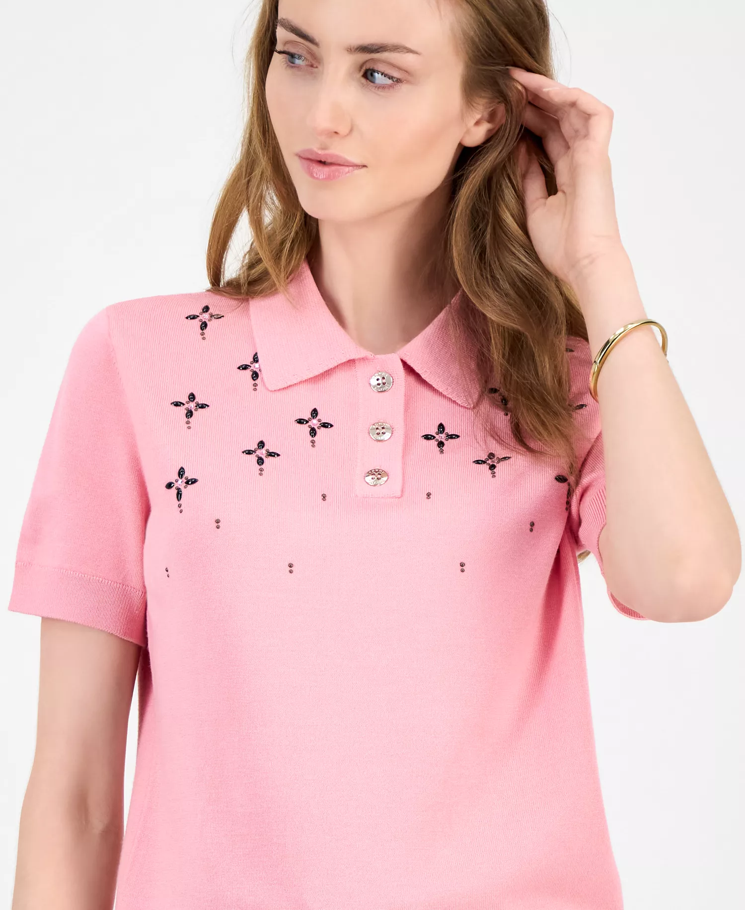 Women's Embellished Polo Sweater - English Rose - XS