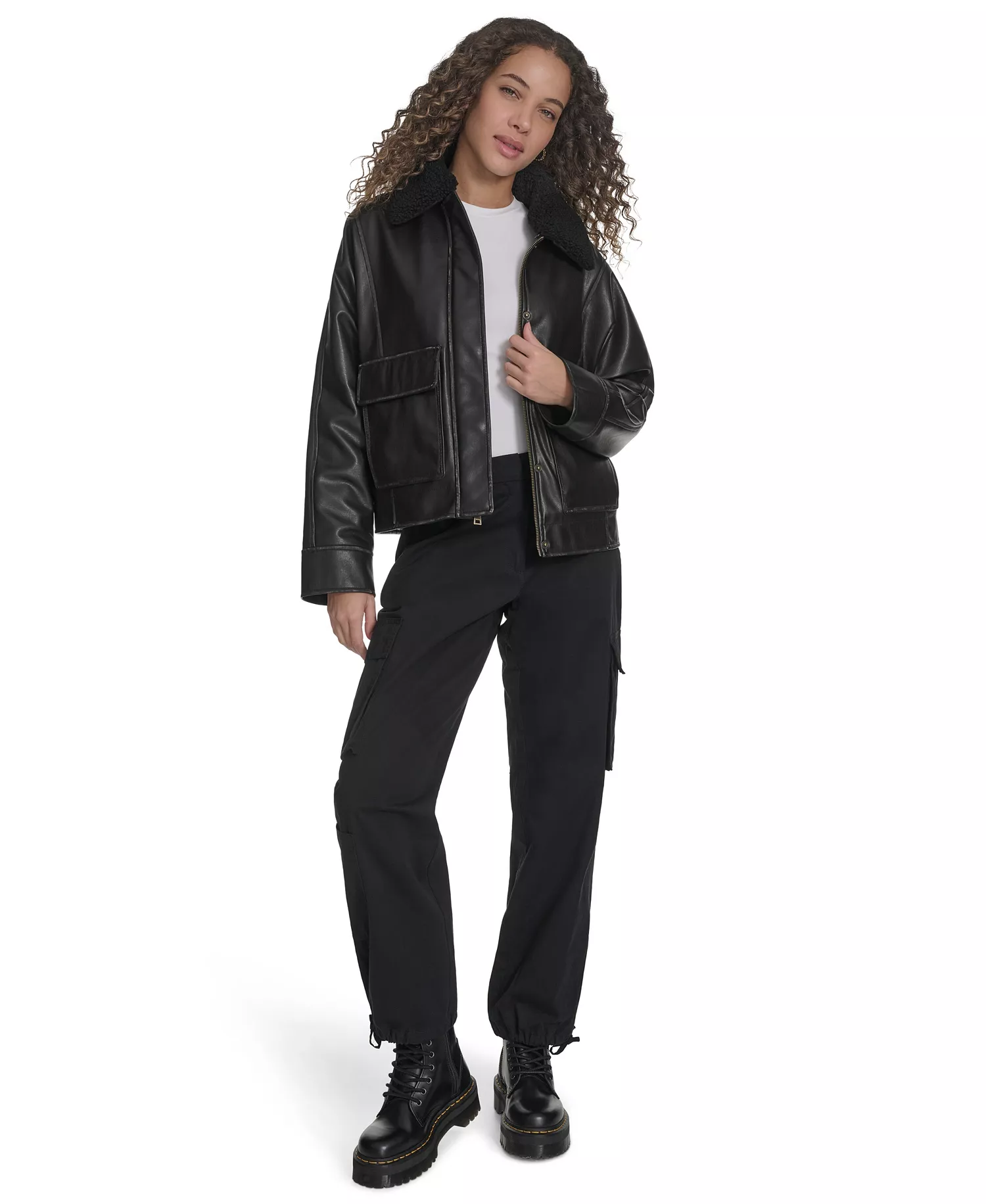 Women's Removable Collar Aviator Jacket - Black - L