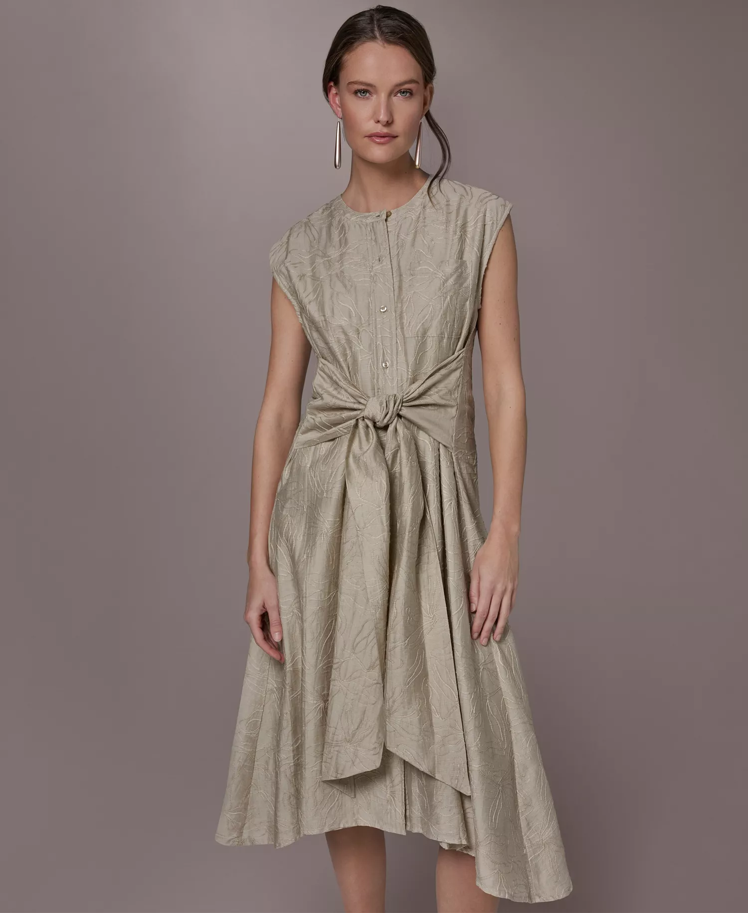 Women's Embroidered Belted Dress - Tuscan Grey - L