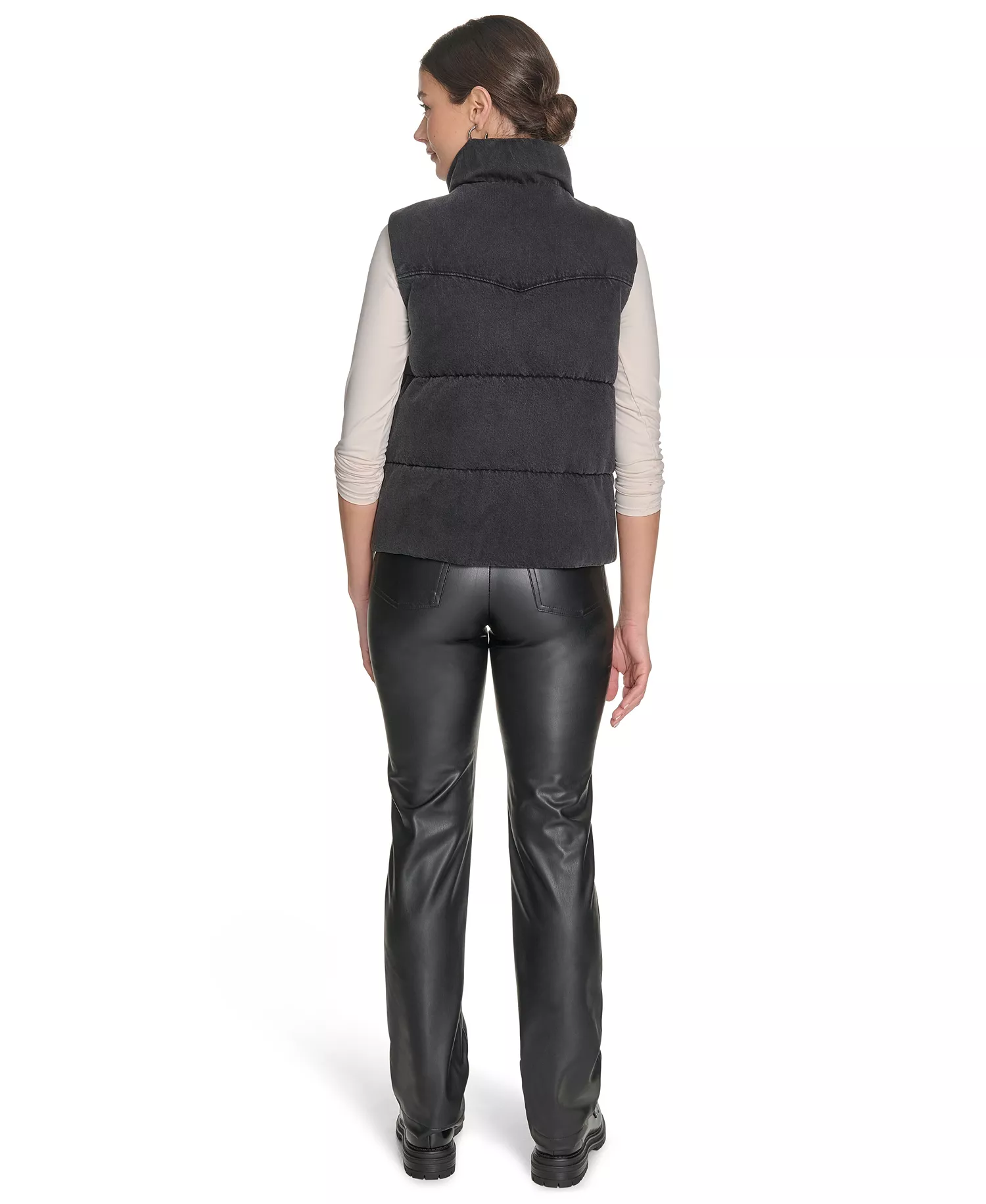 Women's Regular Western Stand Collar Puffer Vest Jacket - Black Wash Denim - L