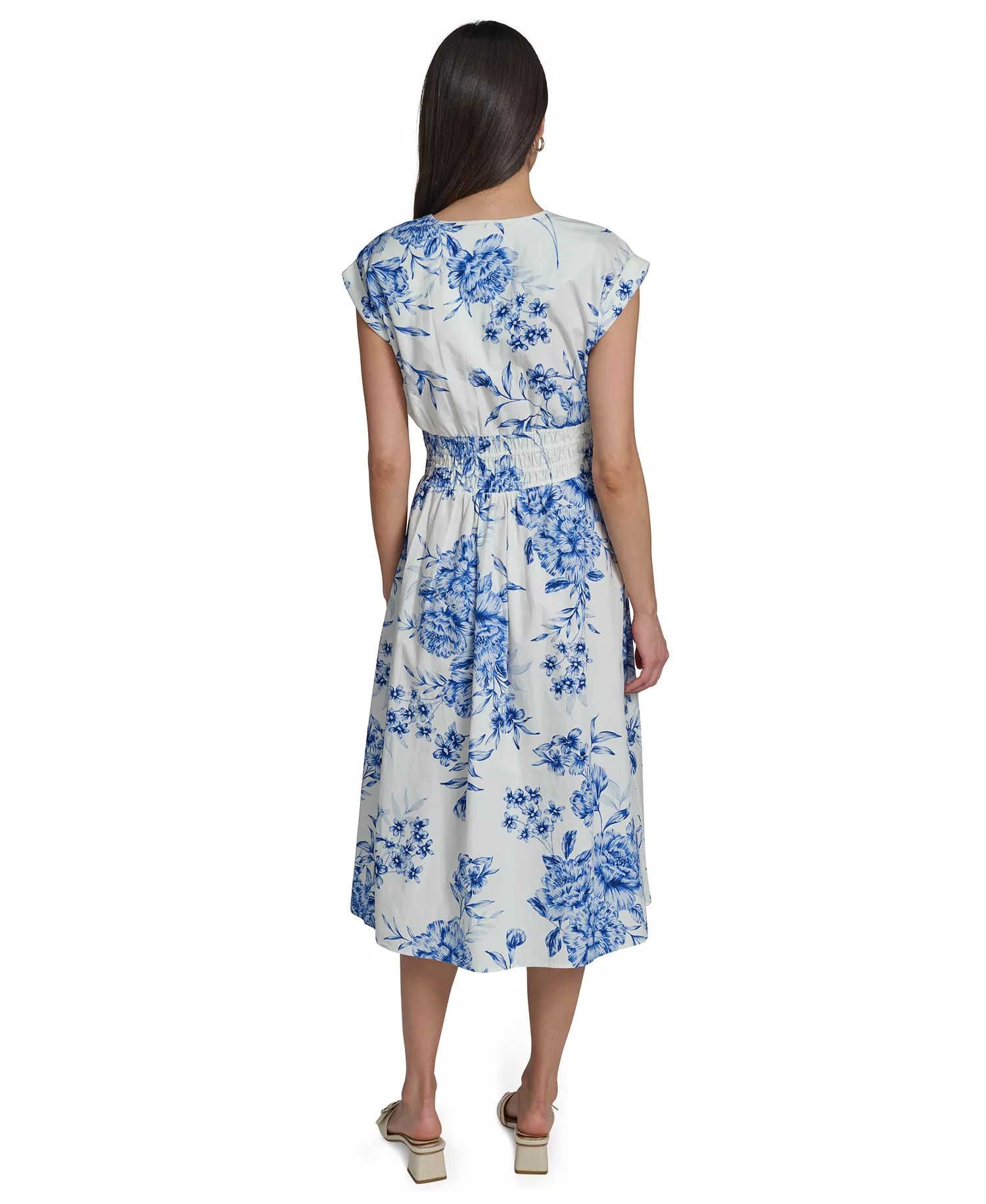 Women's Floral Smocked V-Neck A-Line Midi Dress - CHAMBRAY MULTI - 10