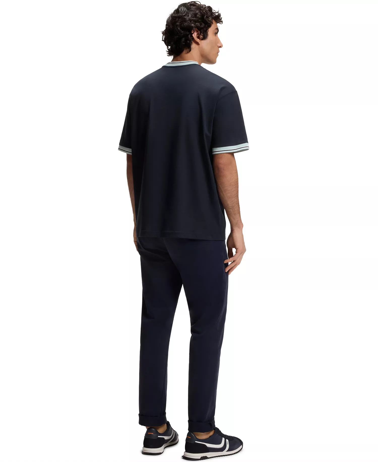 Men's Cotton Striped Trim Relaxed-Fit T-Shirt - Dark Blue - 2XL