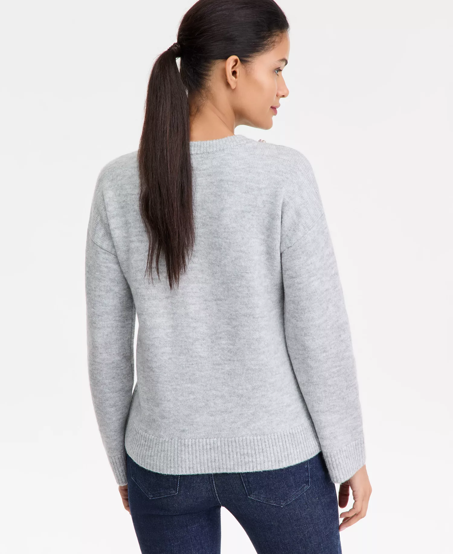 Women's Long-Sleeve Embellished-Neck Sweater - Hthr Belle - XS