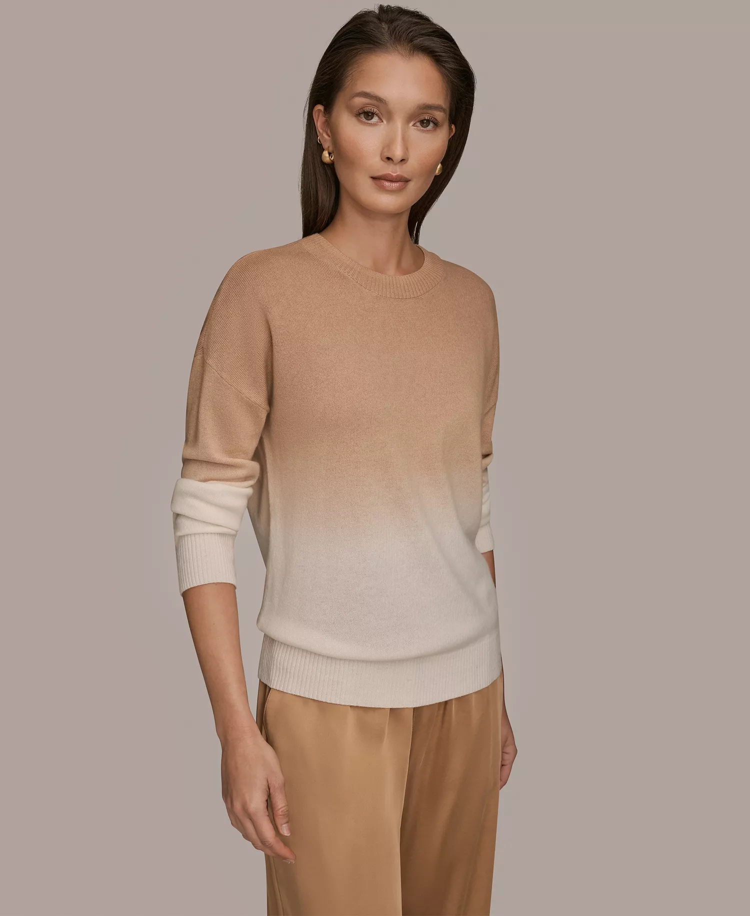 Women's Long Sleeve Wool Cashmere Blend Dye Dip Sweater - Cream/Fawn - L