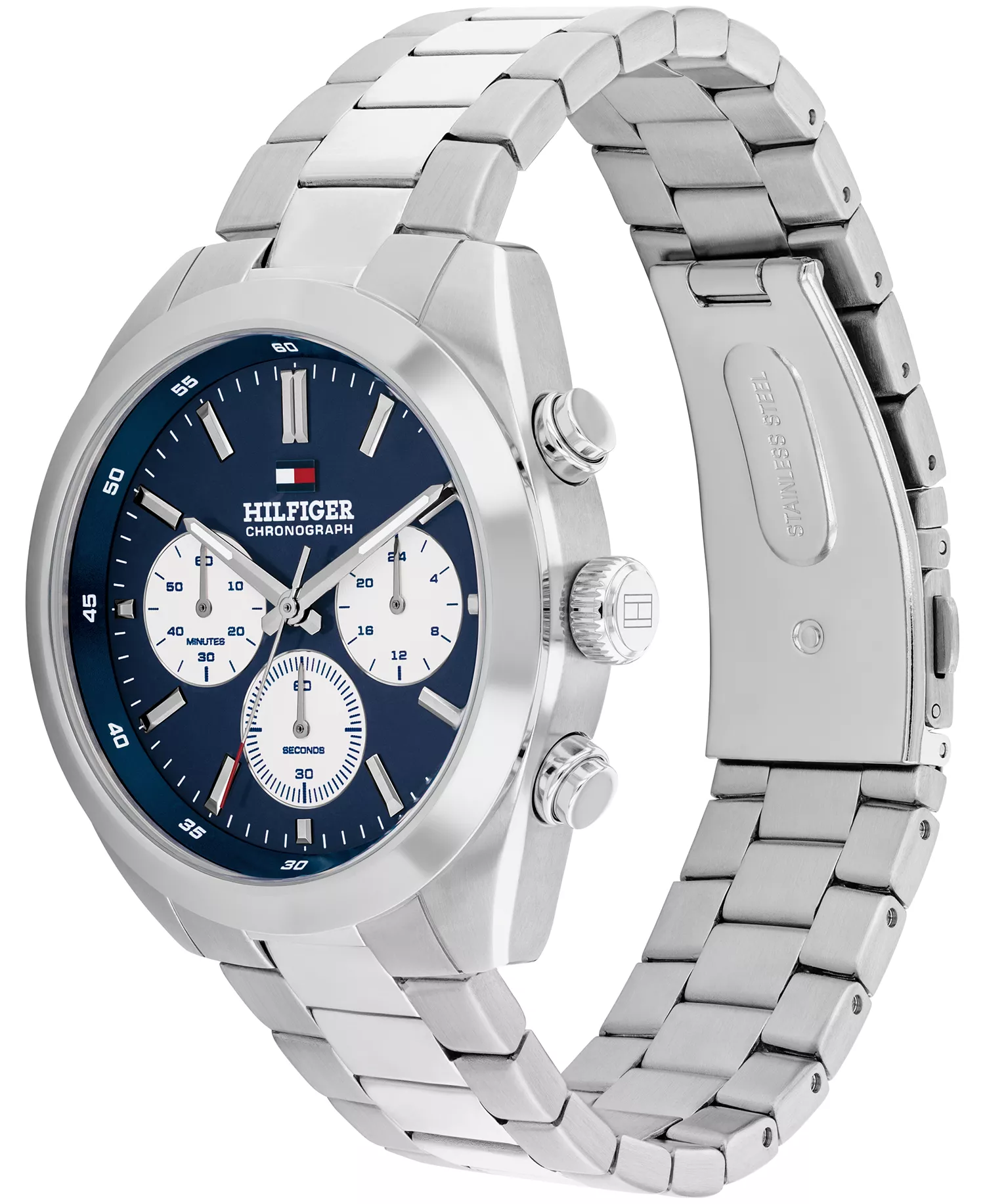 Men's Chronograph Silver Tone Stainless Steel Bracelet Watch, 40mm - Navy - 40