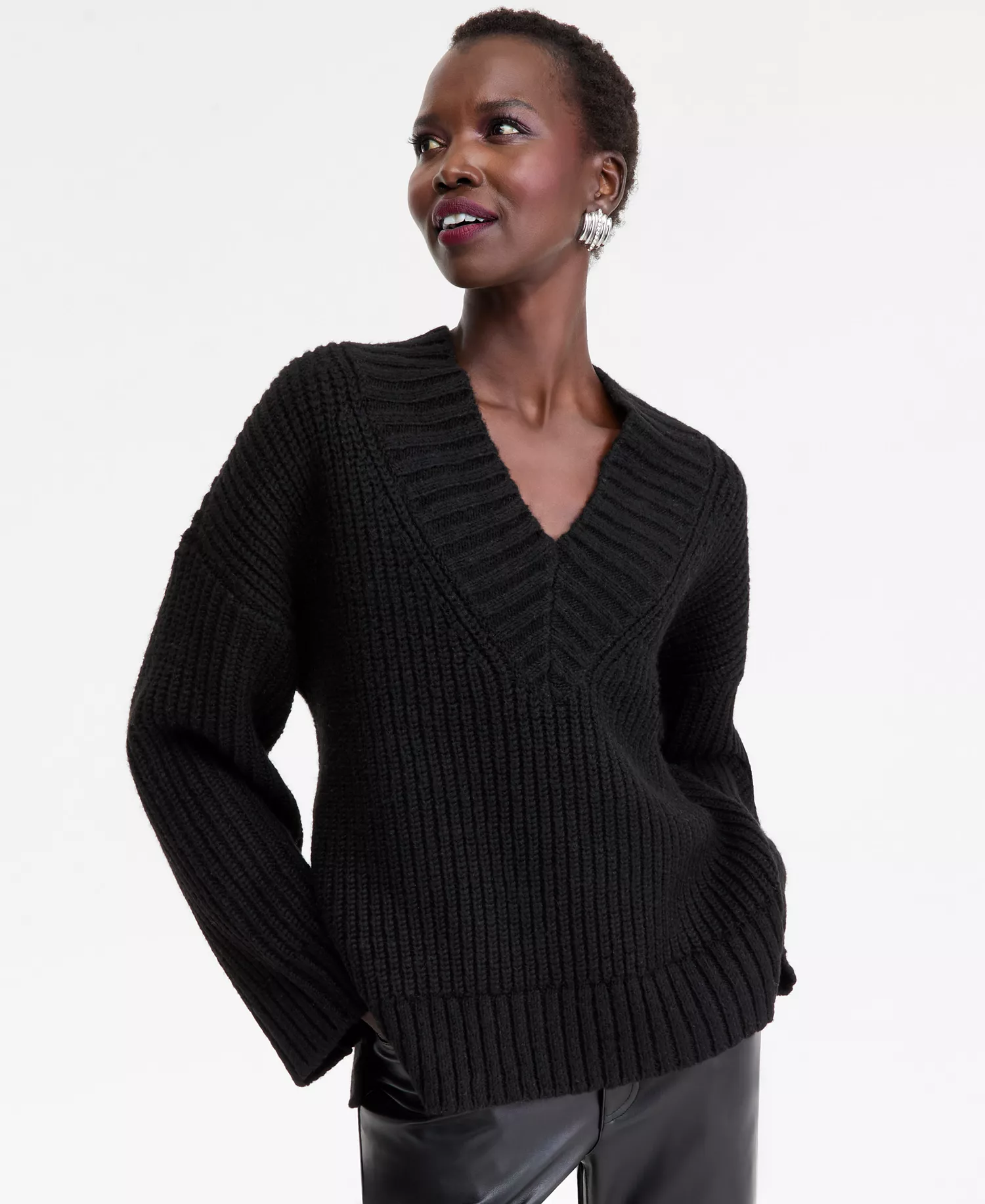 Women's Oversized Ribbed Sweater, Macy's Exclusive - Deep Black - S