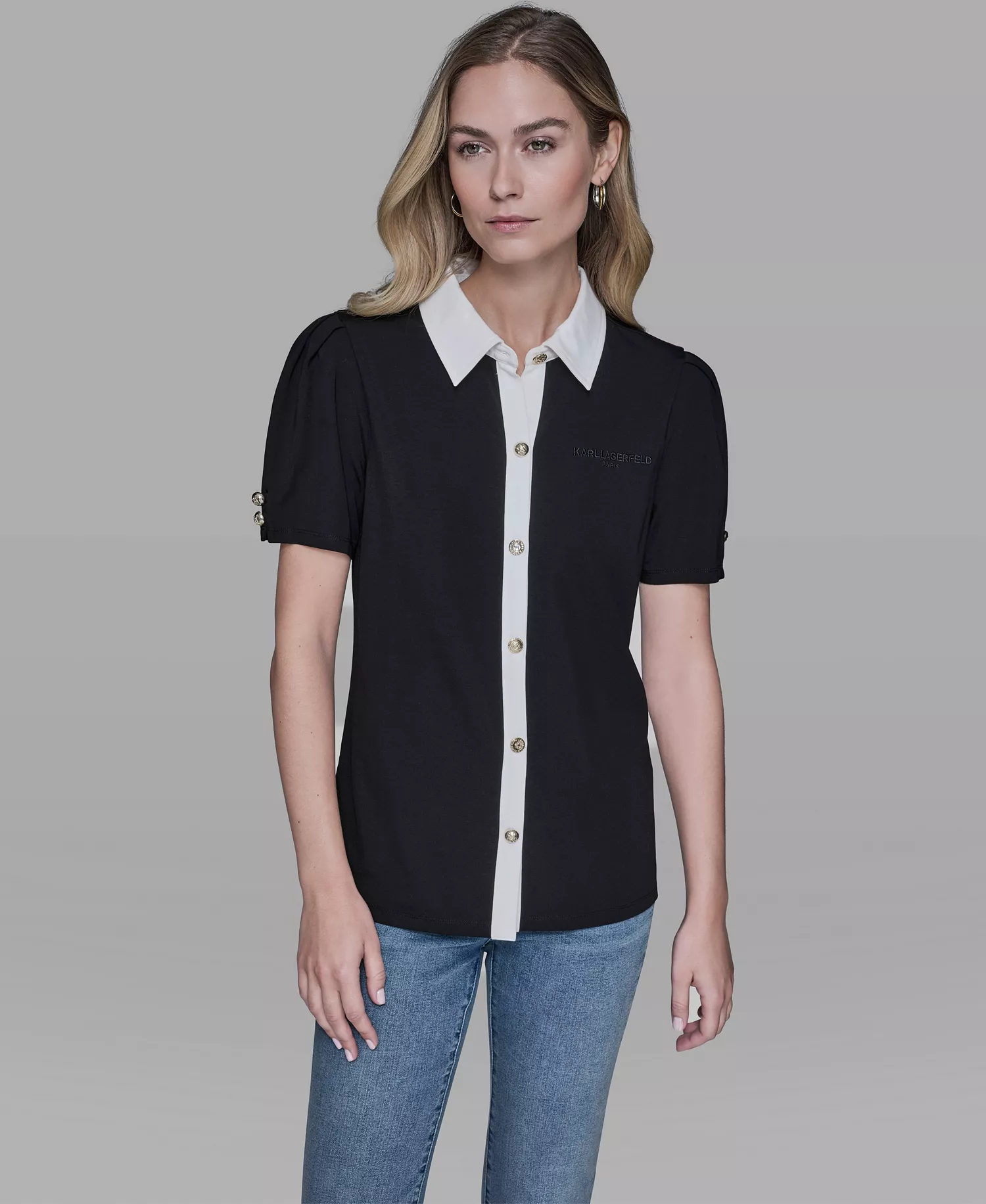 Women's Short-Sleeve Button-Front Top - Black - L