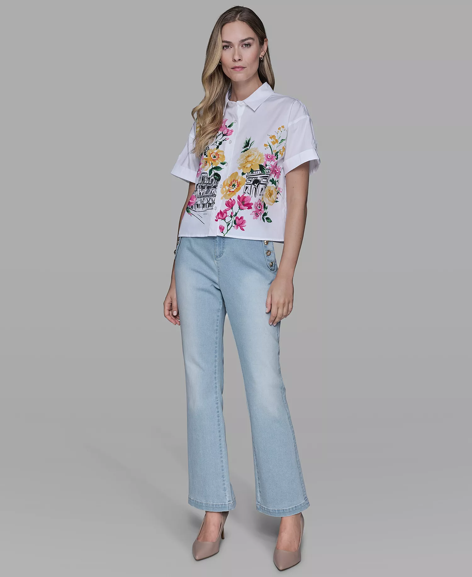 Petite Short-Sleeve Floral Print Shirt - White - P/L