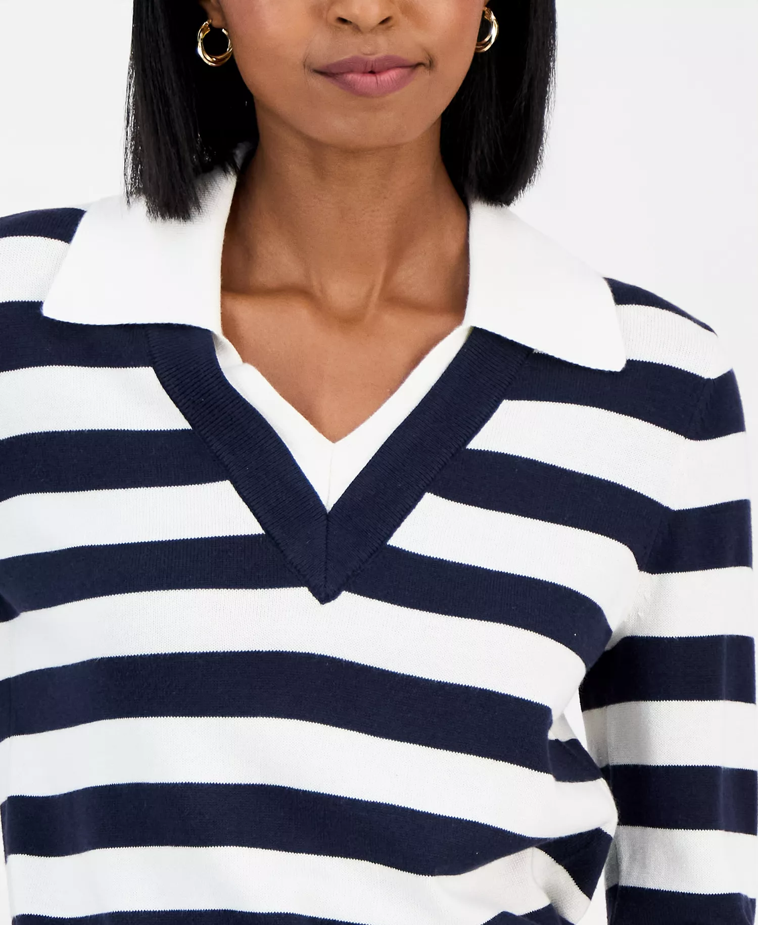 Nautica Women's Contrast-Collar Stripe Sweater  - Night Sky/ Ivory - L