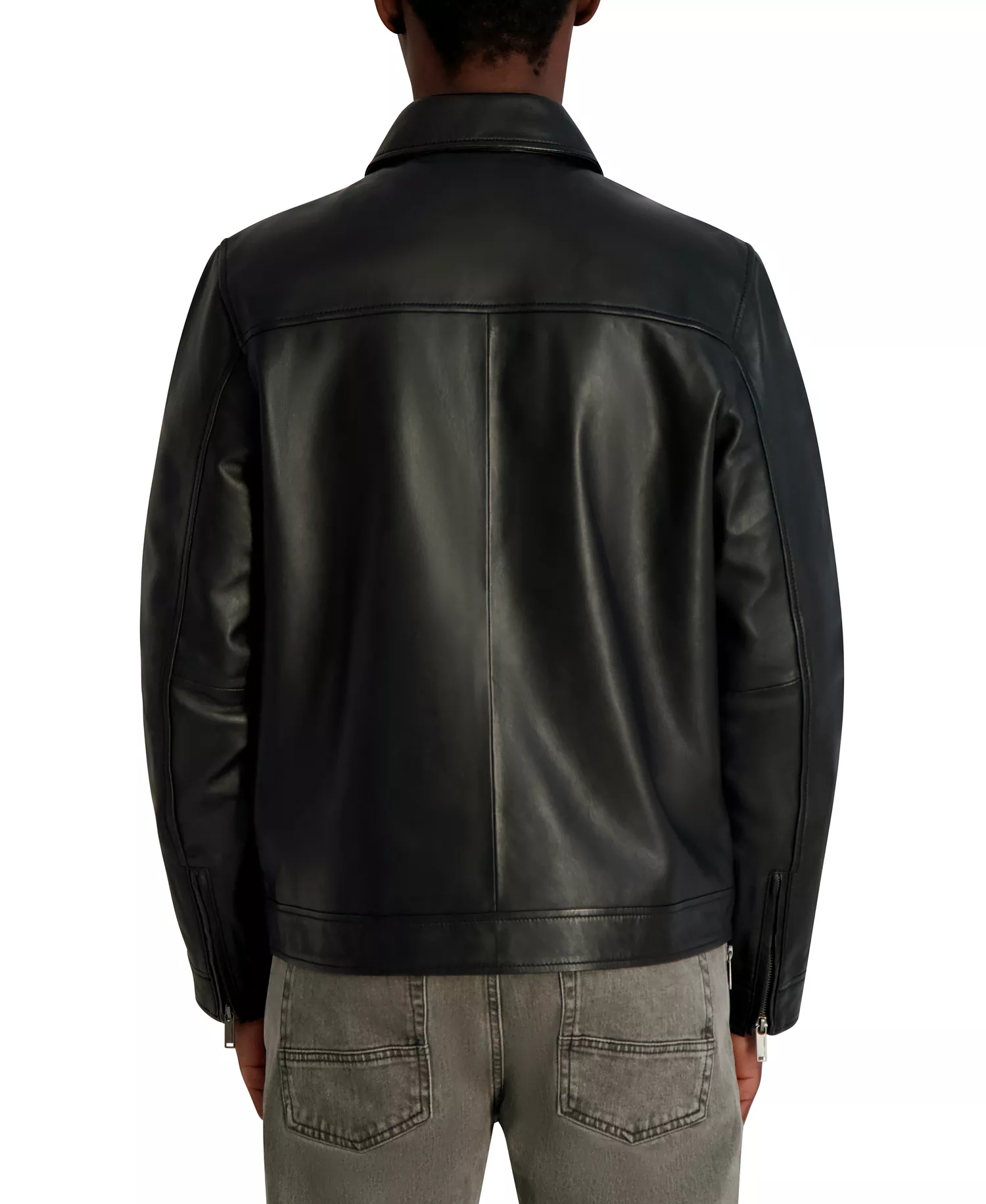 Men's Collared Leather Jacket - Black - 2XL