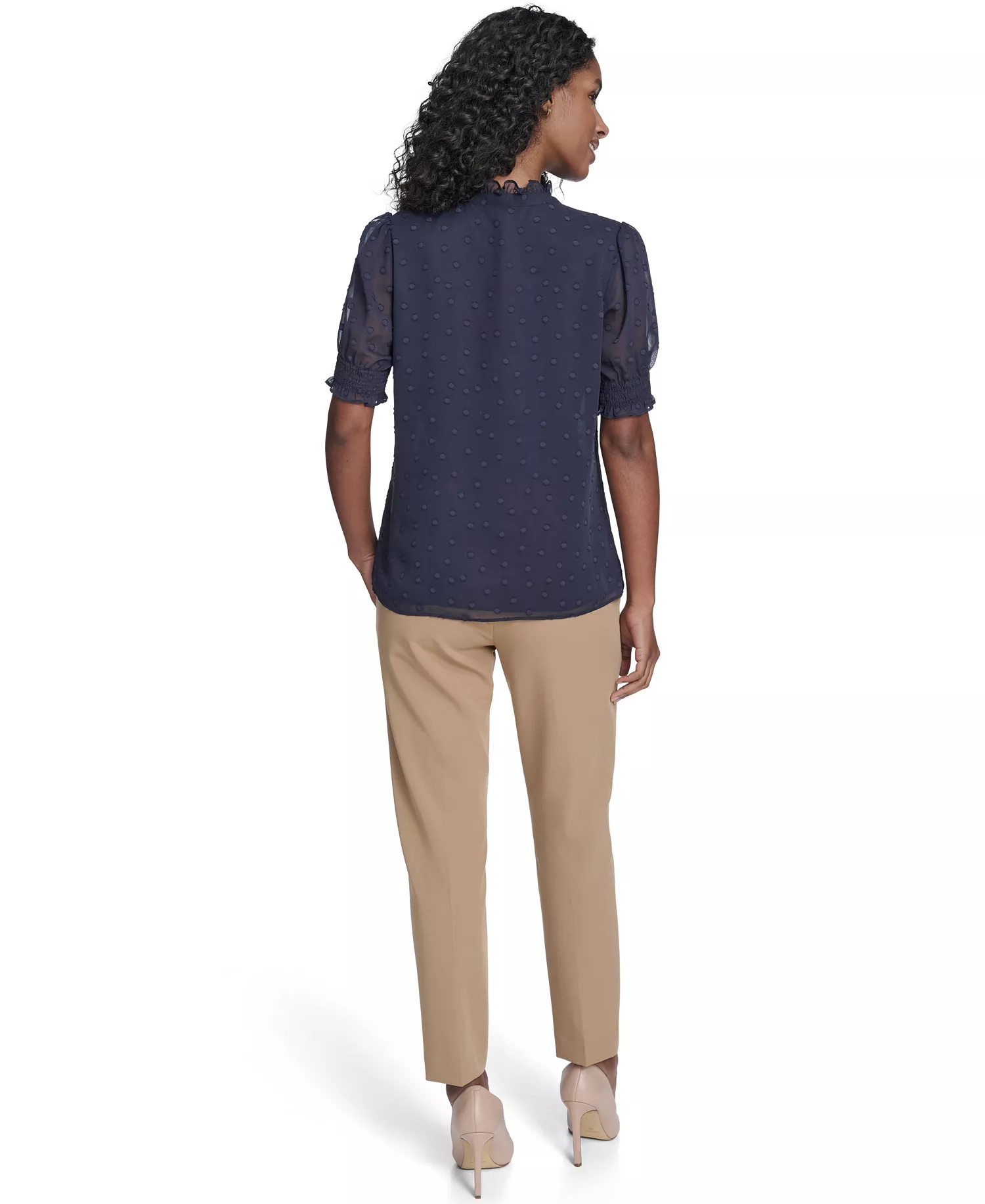 Women's Floral Clip Mock Neck Short Sleeve Blouse - Midnight - L