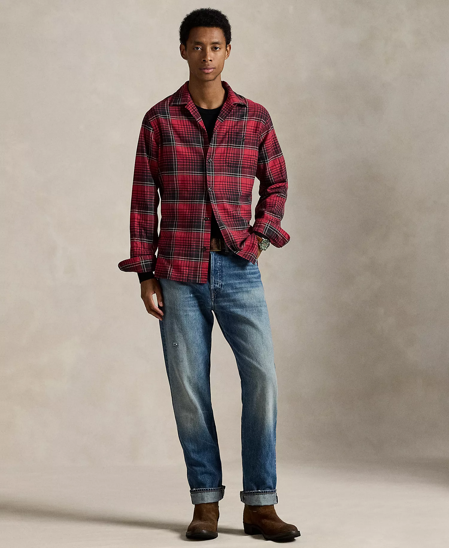 Men's Brushed Performance Long Sleeve Shirt - Red Black Multi - 2XL