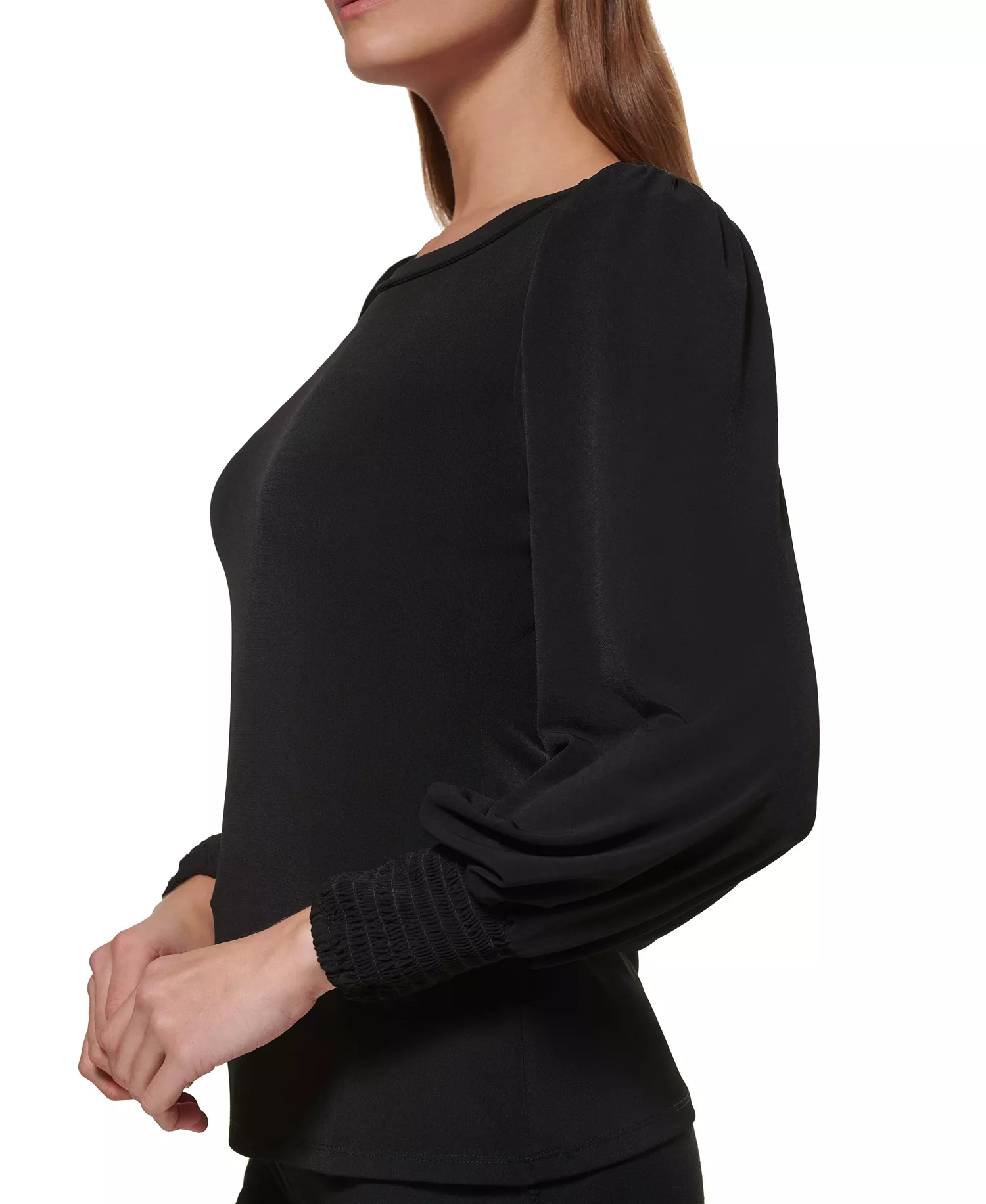 Petite Crewneck Long-Balloon-Sleeve Top - Black - PL