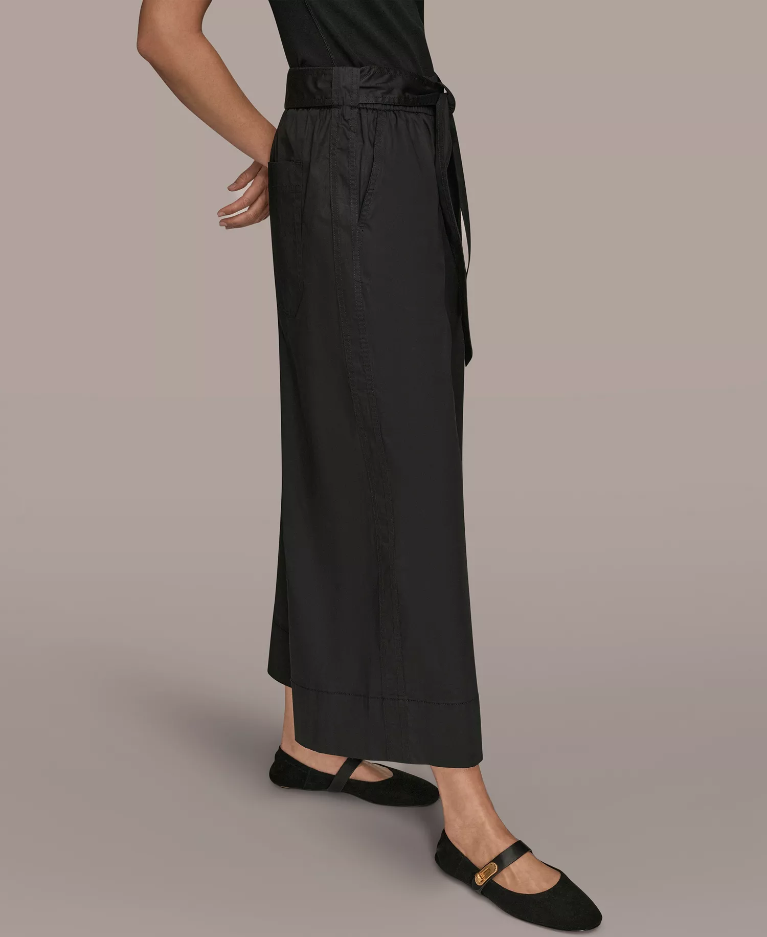 Women's Stretch Poplin Self Belted Crop Pants - Black - L