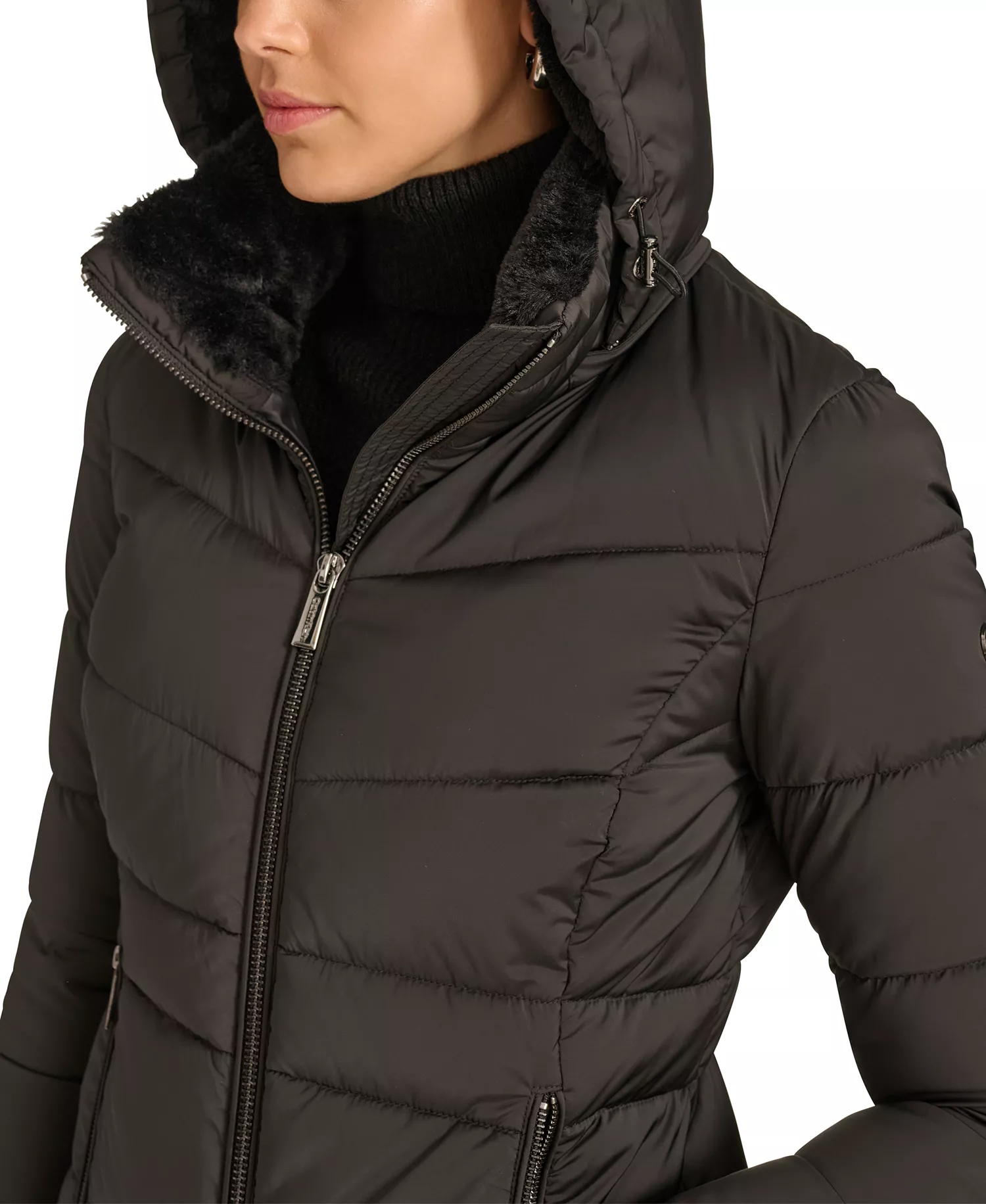 Women's Faux-Fur-Lined Hooded Puffer Coat - Black - L