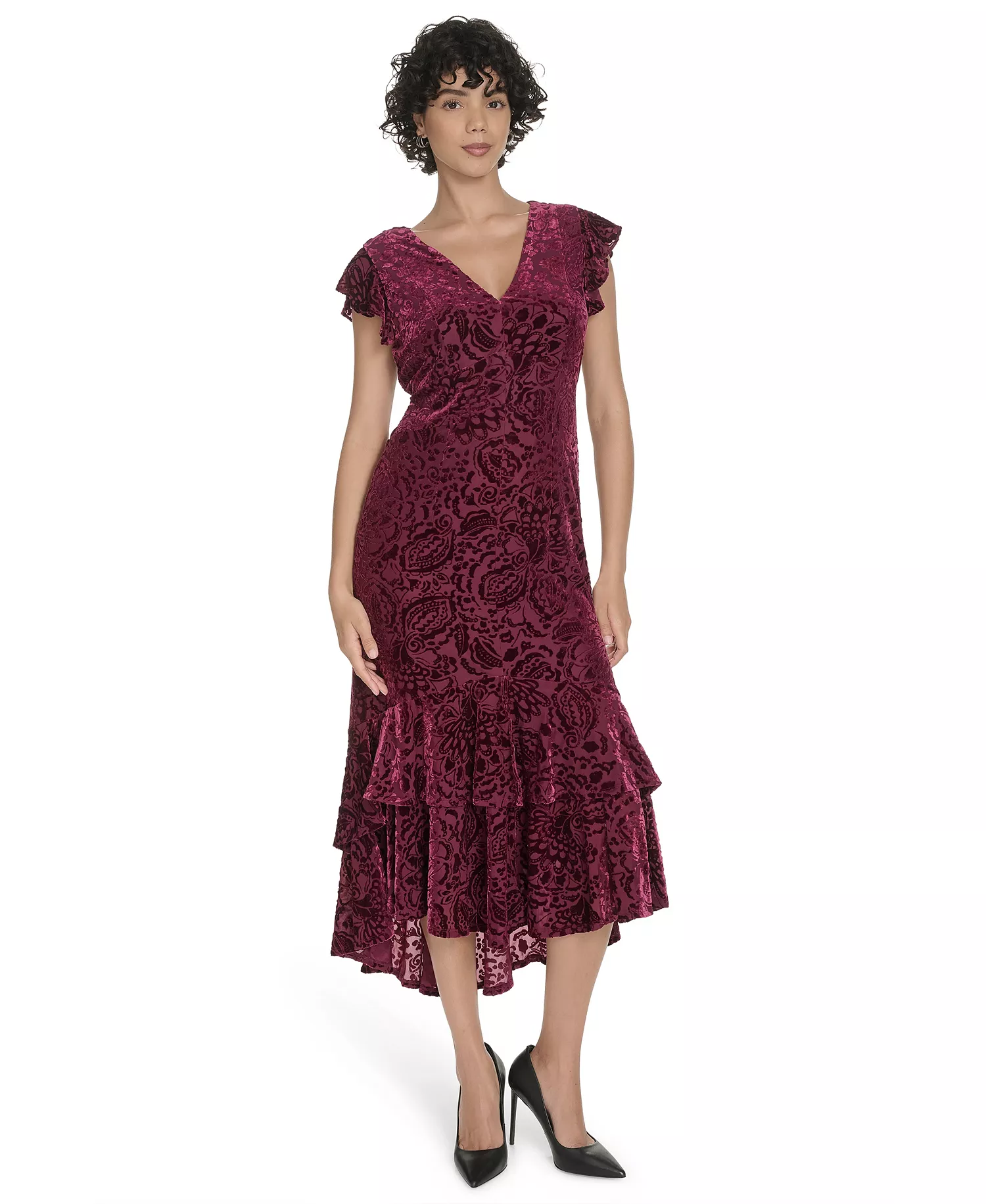 Women's Burnout Velvet Ruffled High-Low Dress - Ruby - 2