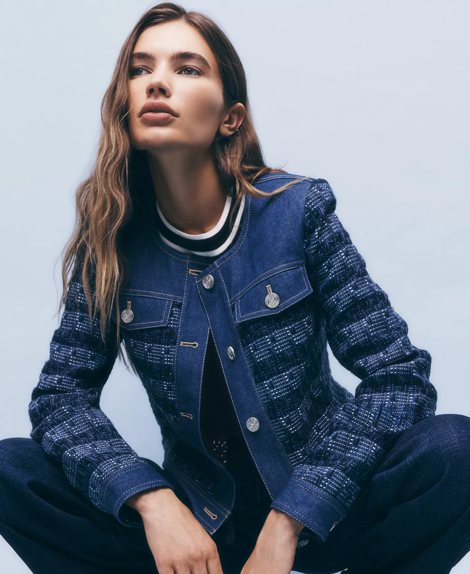 Women's Crewneck Tweed and Denim Jacket - Blue Aura/french Blue Multi - L
