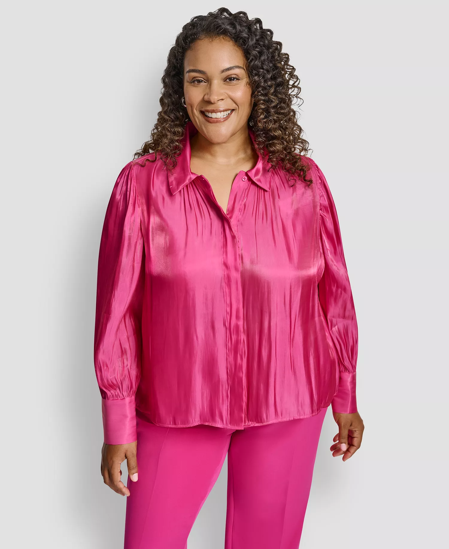 Plus Size Balloon Sleeve Collared Neck Top - Fuchsia - 1X