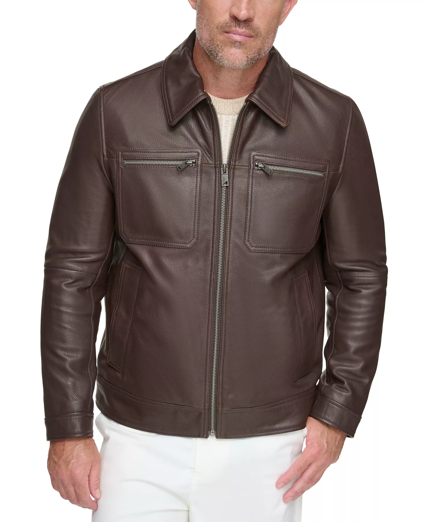 Men's Halen Pebbled Leather Trucker Jacket - Chocolate - M