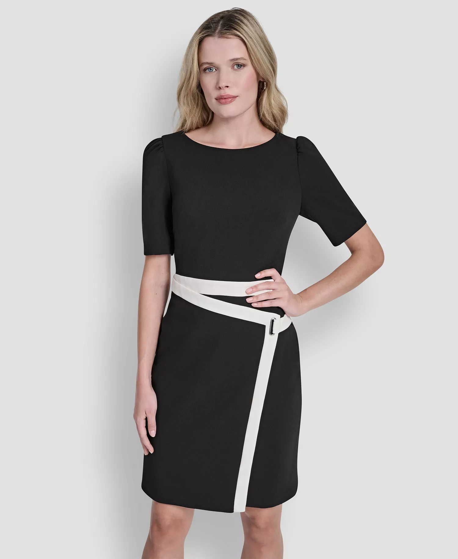 Women's Short-Sleeve Jewel Neck Scuba Crepe Dress - Black/Ivory - 10